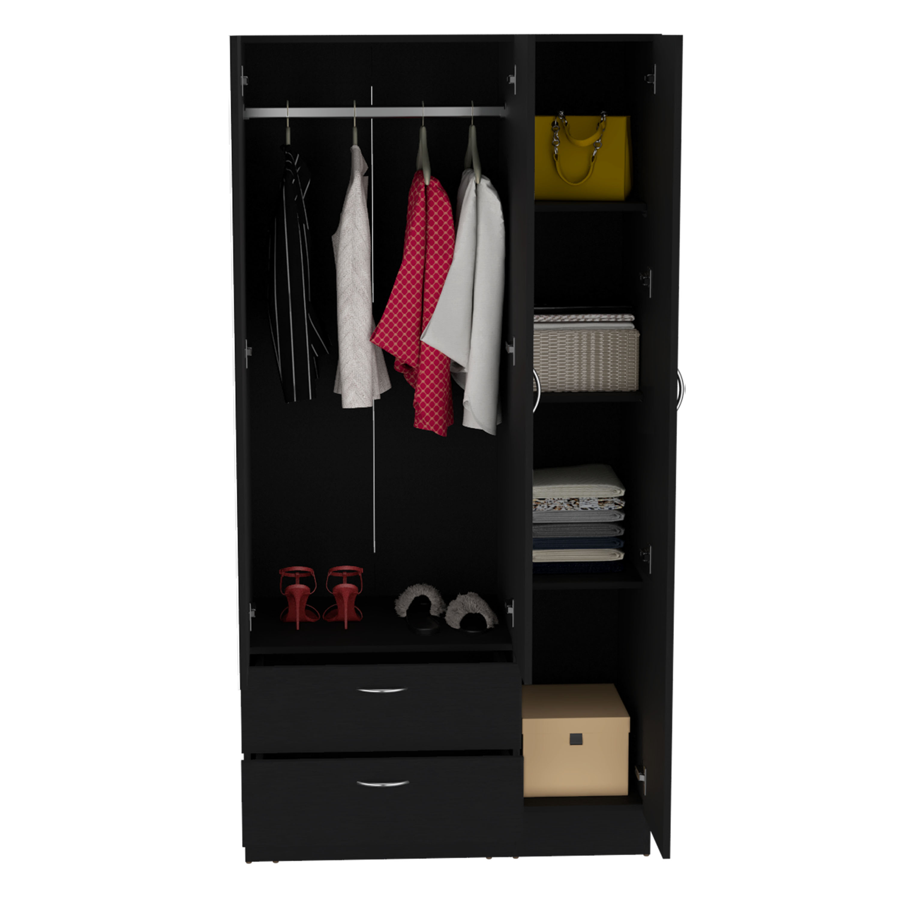 Riverside 3 Door Mirrored Armoire with Two Drawers, Four Shelves, and Hanging Rod Black