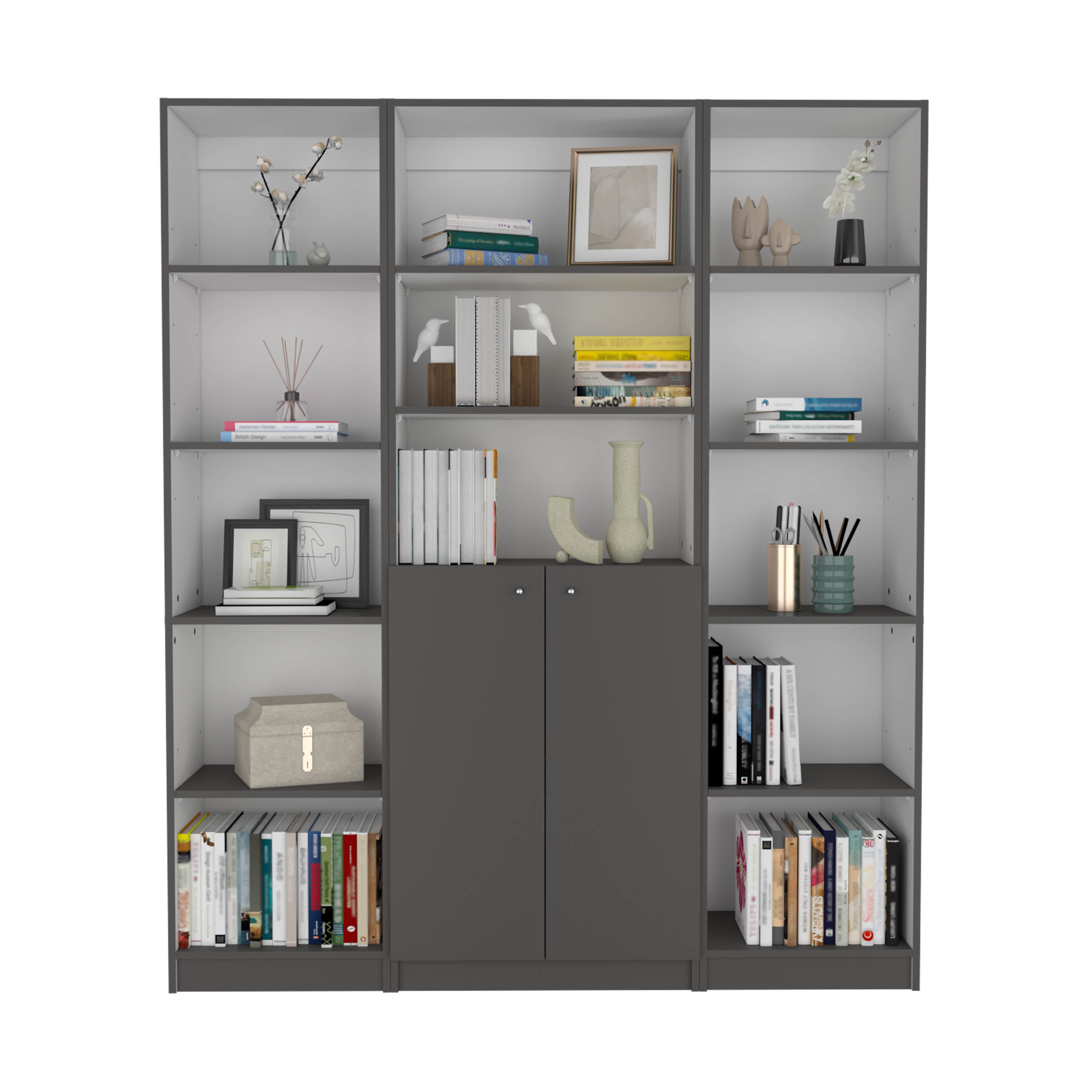 June 3 Piece Home Bookcase set, 60" Wide with 13 Shelves and 2-door Cabinet ,  Living Room Set  Matt Gray / White