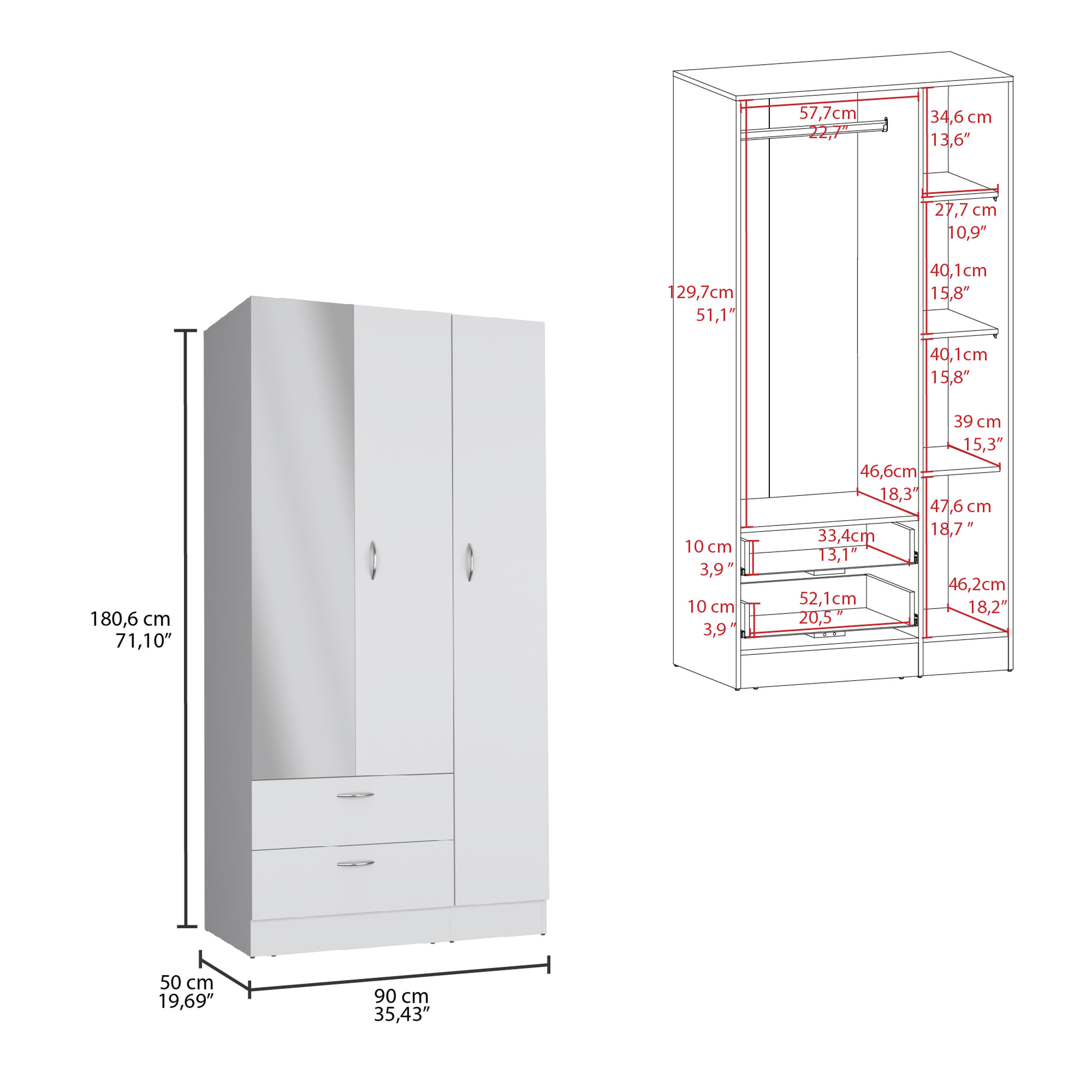 Riverside 3 Door Mirrored Armoire with Two Drawers, Four Shelves, and Hanging Rod White