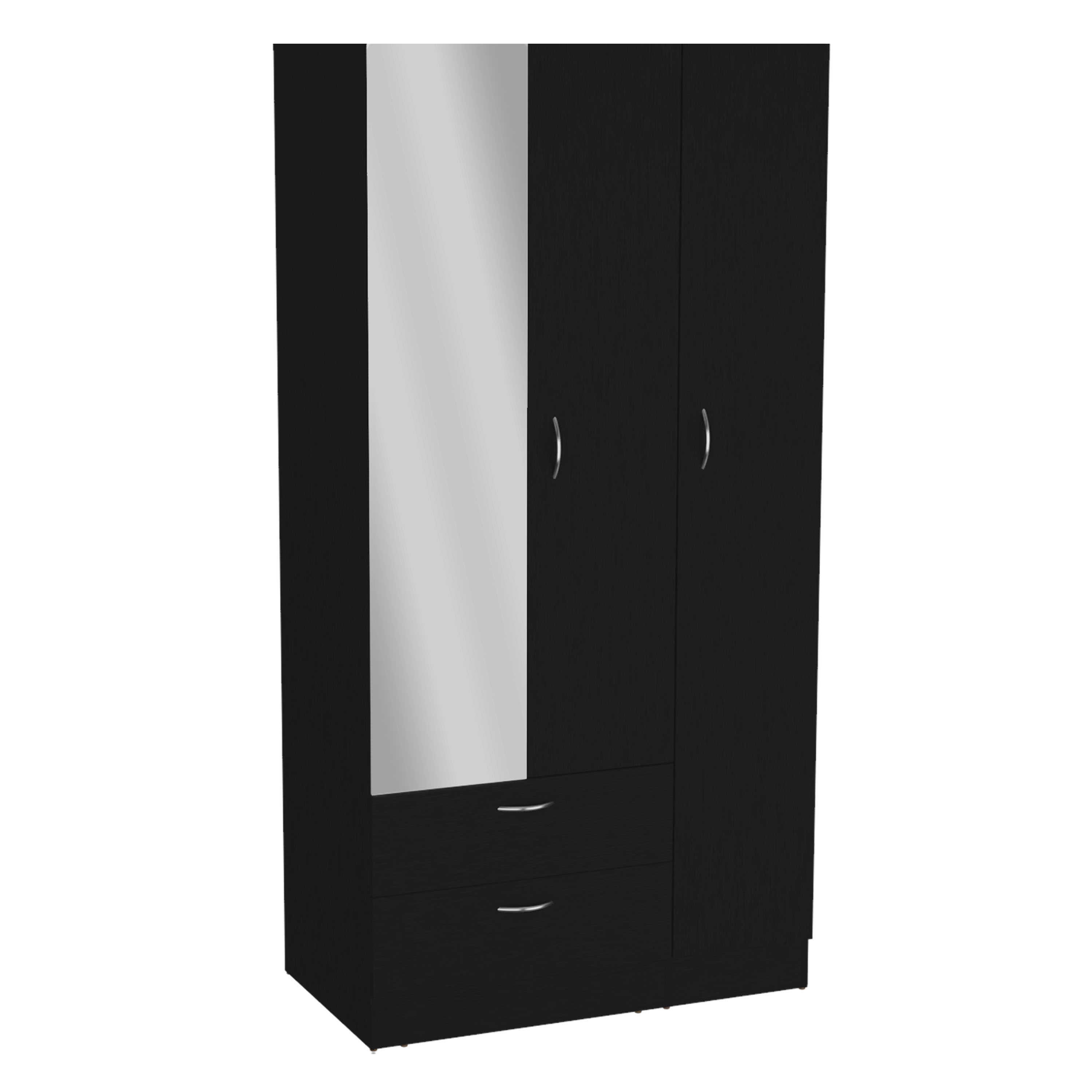 Riverside 3 Door Mirrored Armoire with Two Drawers, Four Shelves, and Hanging Rod Black