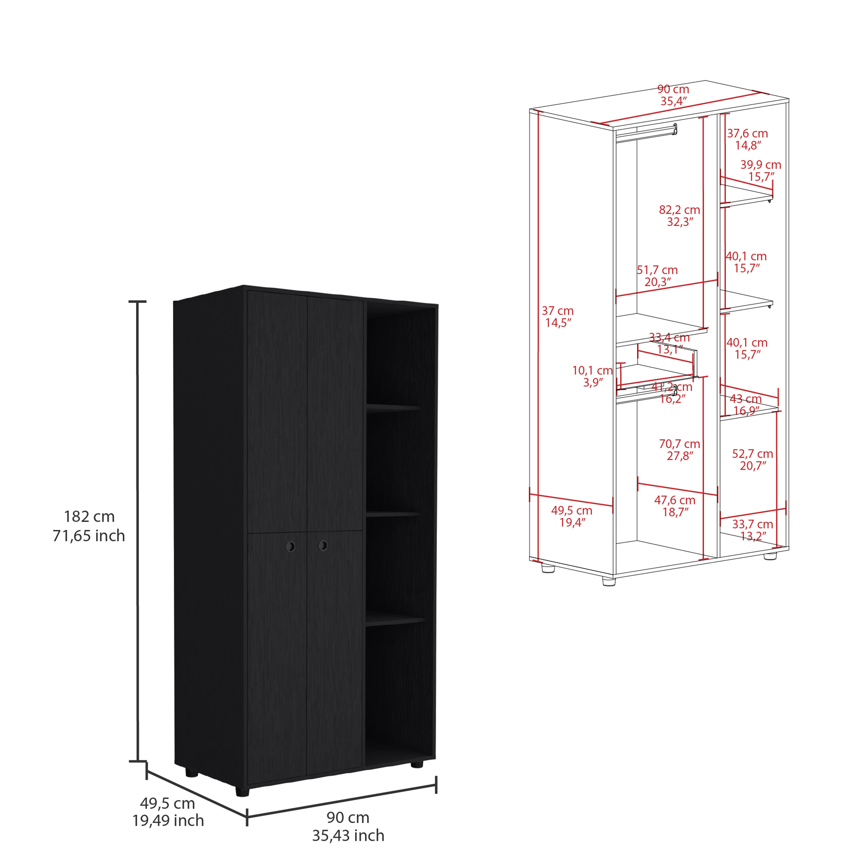 Misuri Wardrobe Armoire with Double Door, Drawer, Hanging Rodss, and Open Shelves Black