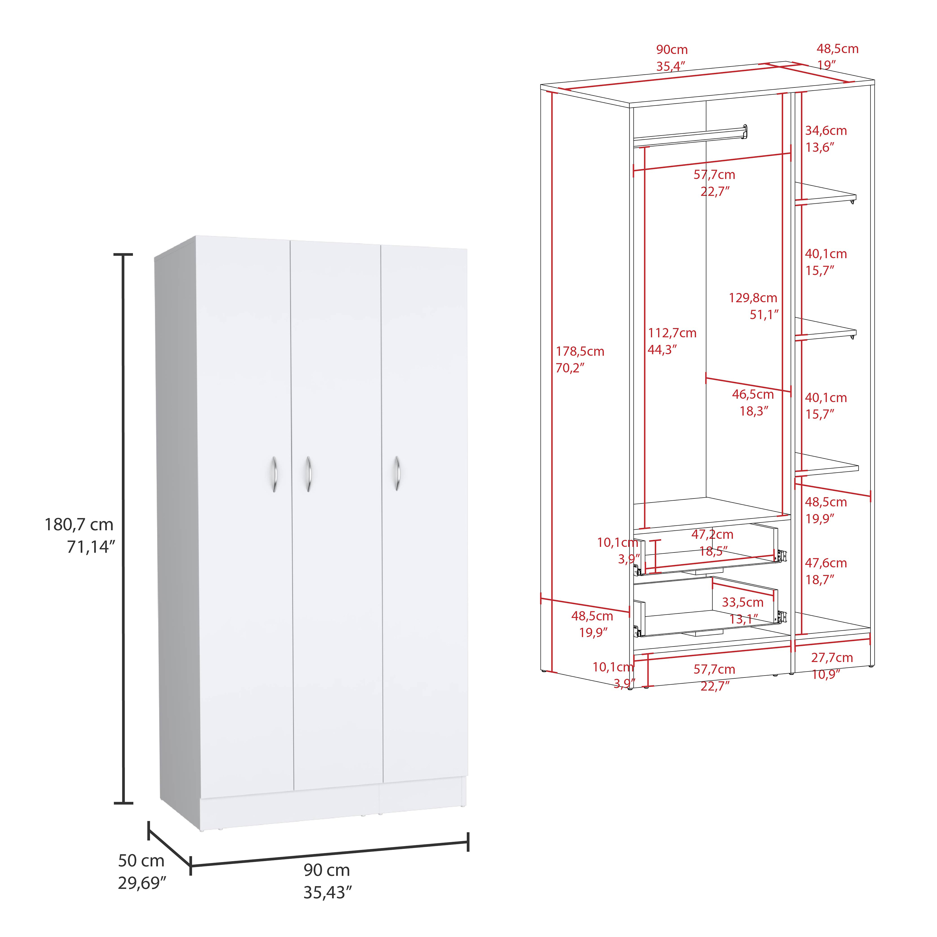 Ohio Armoire Wardrobe with 3-Doors, 2-Drawers, and 4-Tier Shelves White