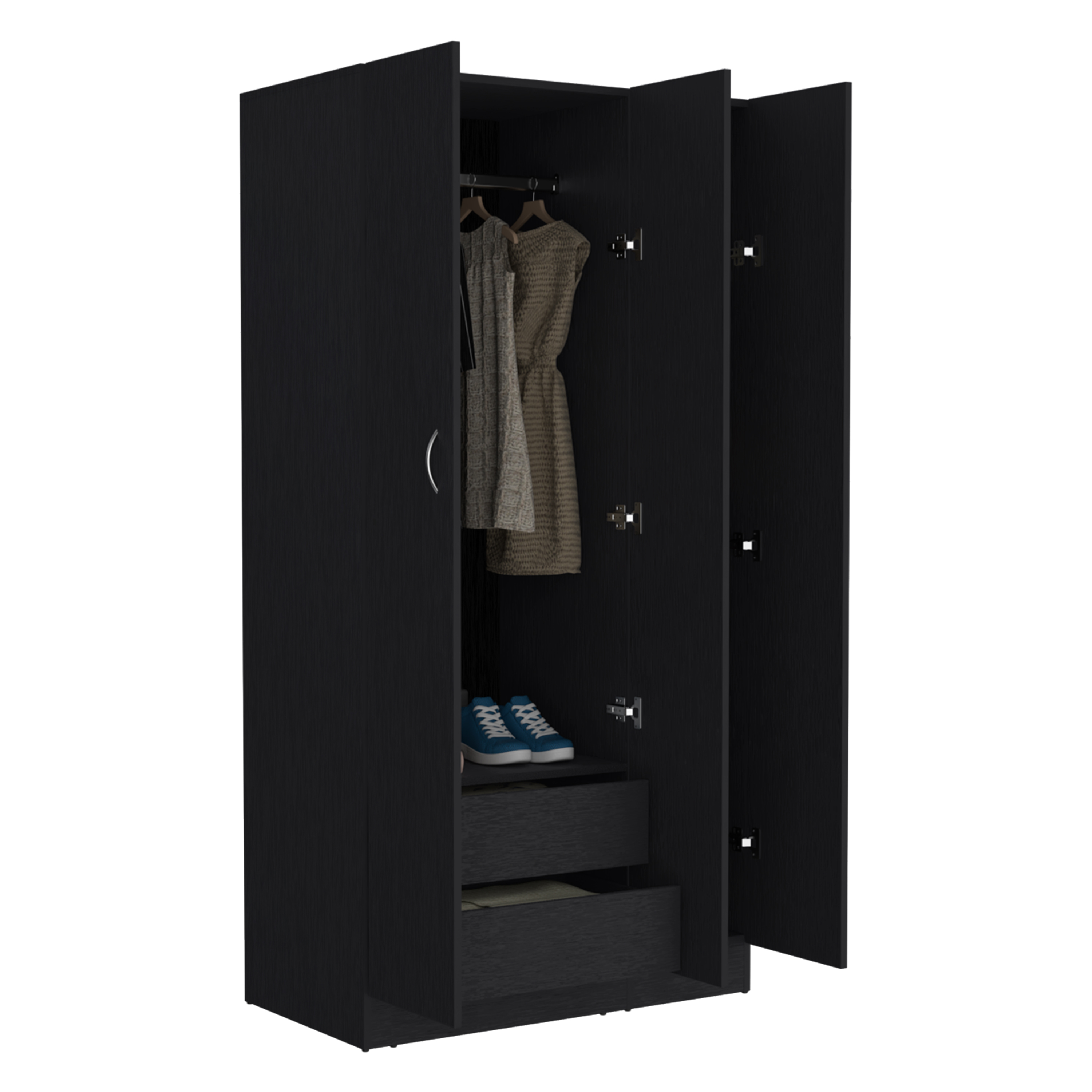 Ohio Armoire Wardrobe with 3-Doors, 2-Drawers, and 4-Tier Shelves Black