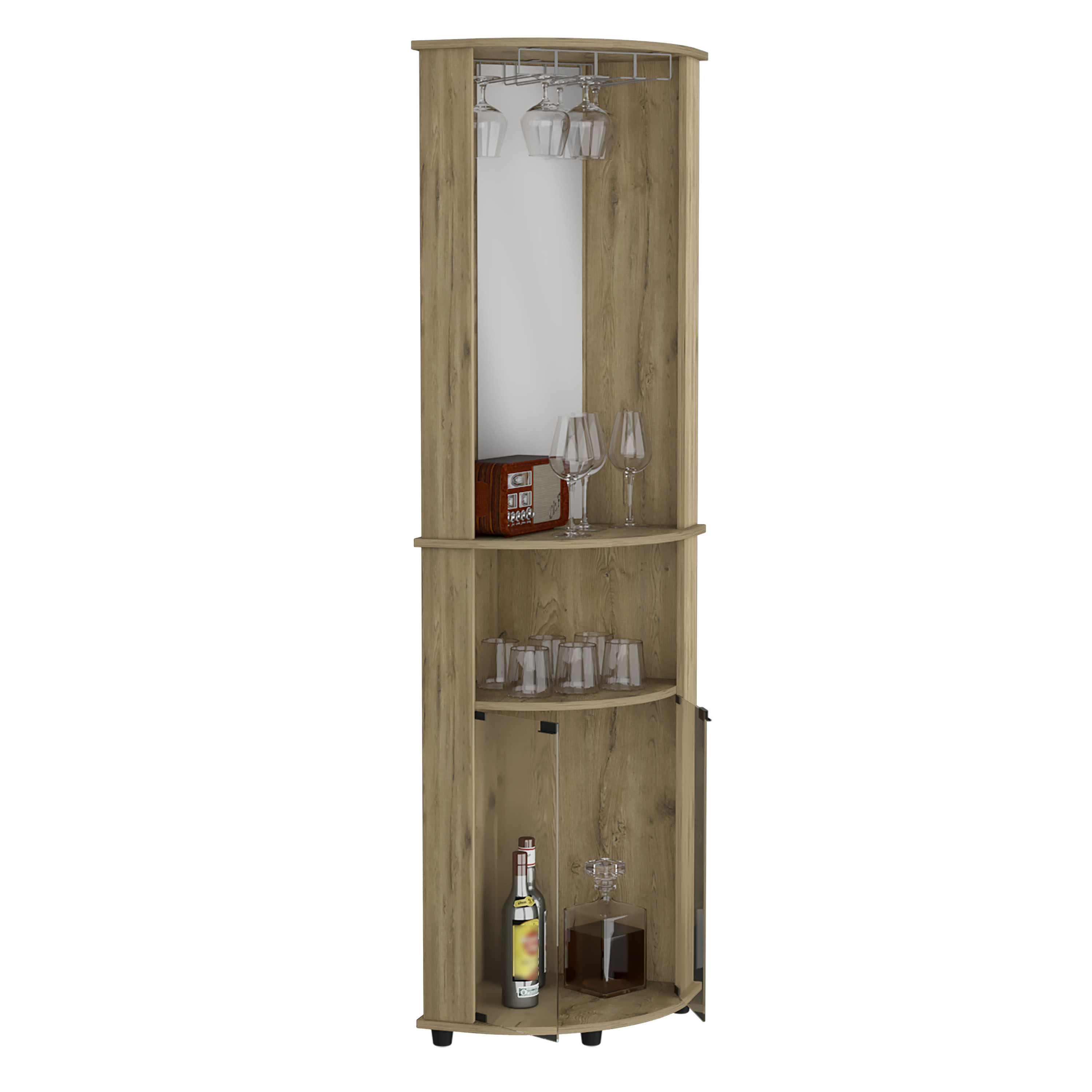 Chicago 75" H Mirrored Corner Bar Cabinet, With Glass Doors, Two Shelves and Stemware Macadamia