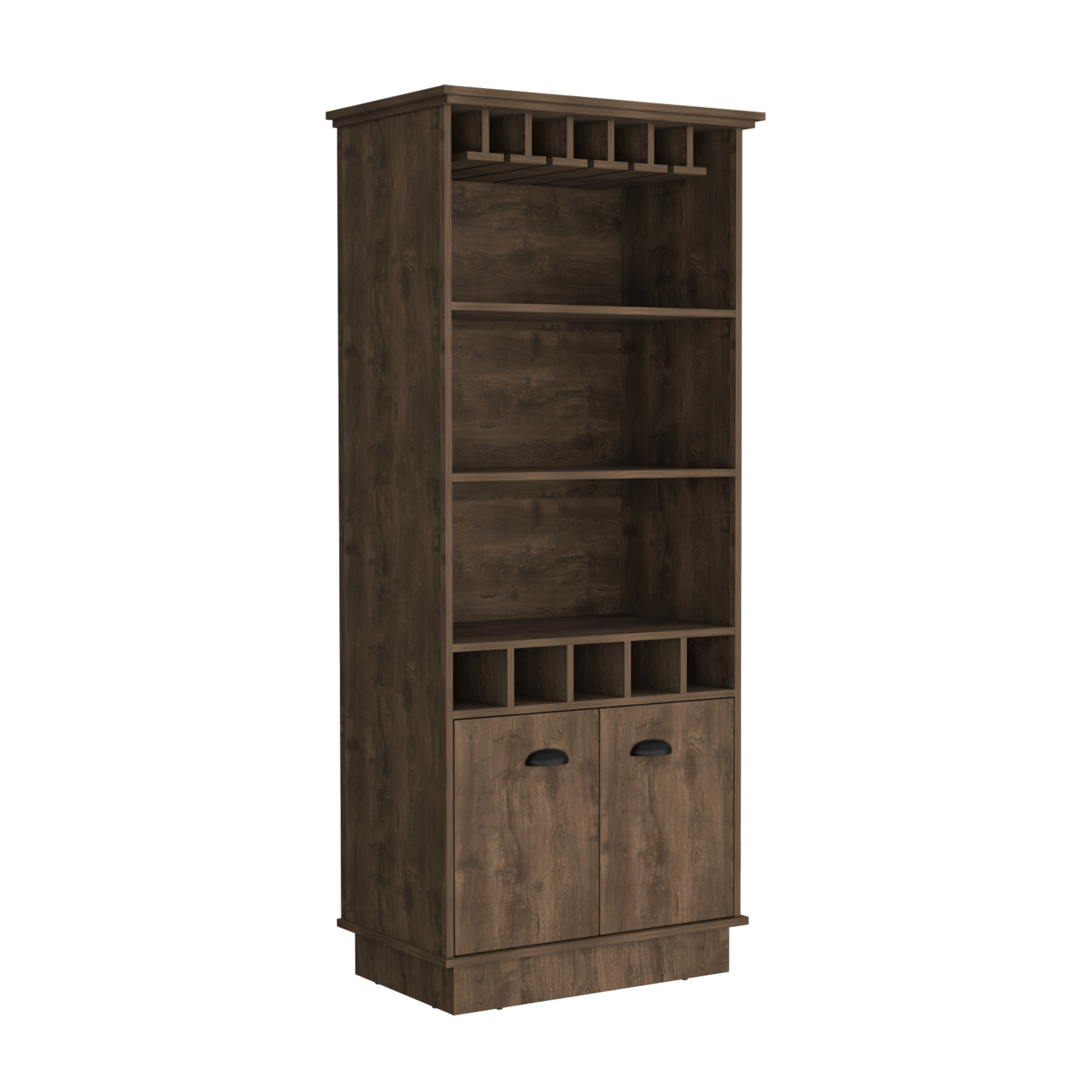 Dundee 70-Inch High 10-Glass Bar Cabinet with 5 Cubbies and 3 Open Shelves and Cabinet