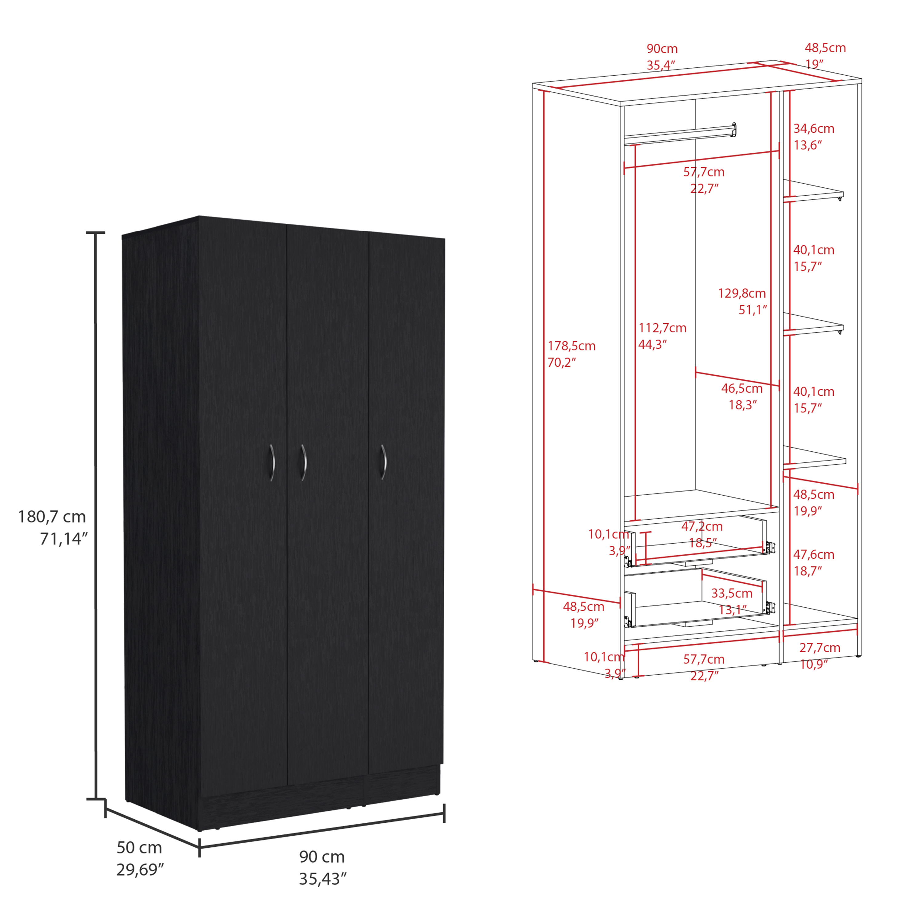 Ohio Armoire Wardrobe with 3-Doors, 2-Drawers, and 4-Tier Shelves Black