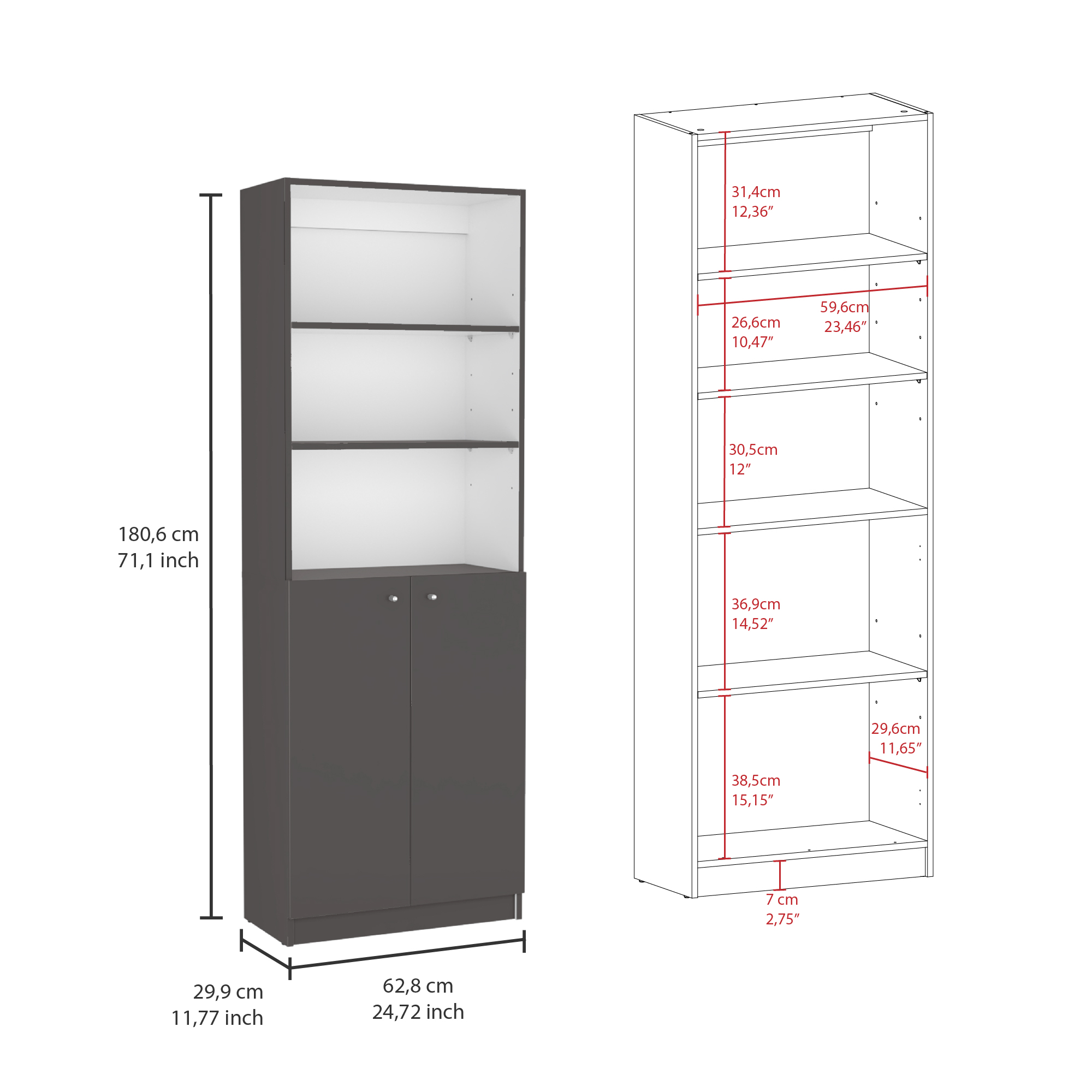 June 3 Piece Home Bookcase set, 60" Wide with 13 Shelves and 2-door Cabinet ,  Living Room Set  Matt Gray / White