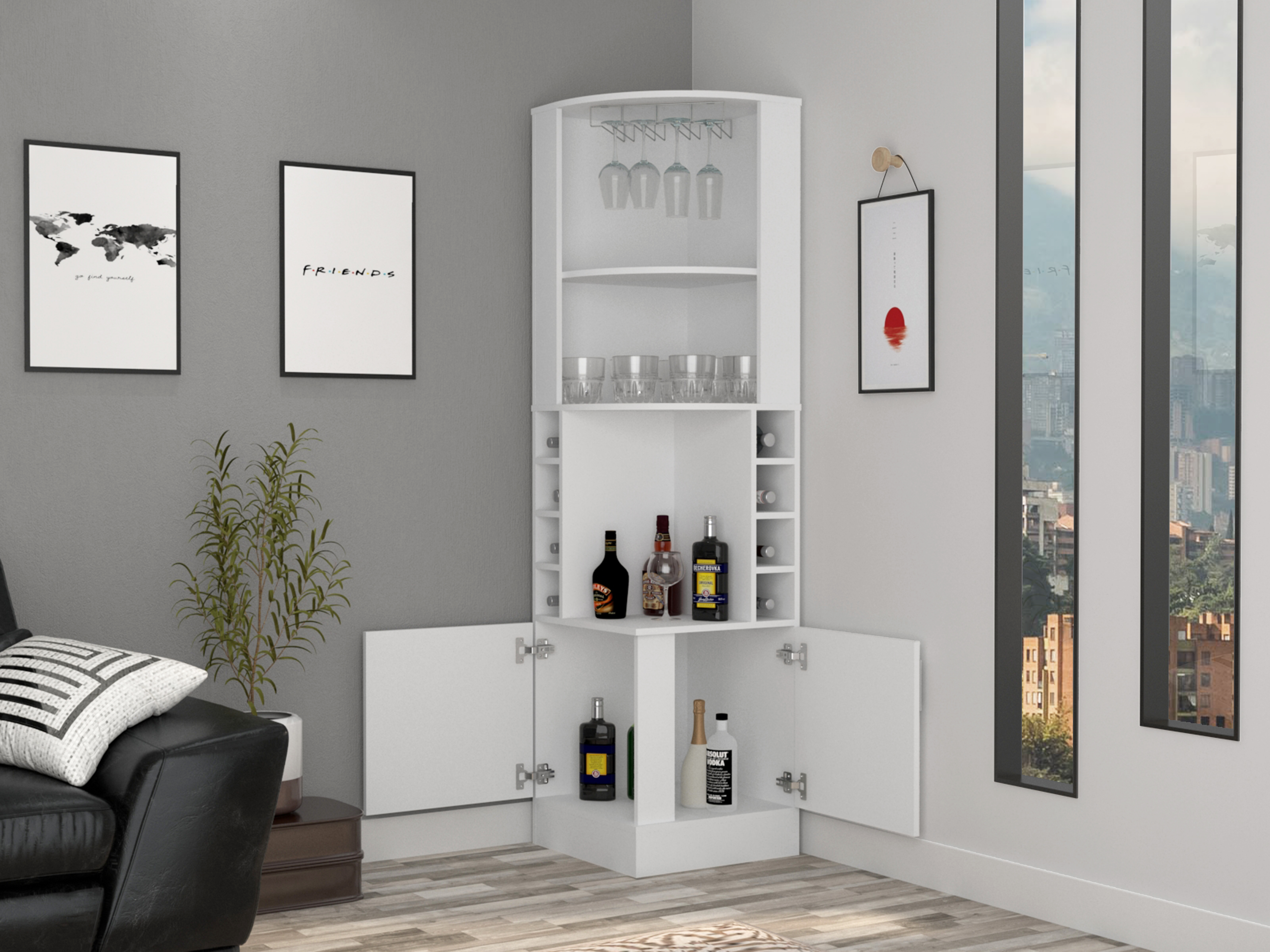 Syrah Corner Bar Cabinet, Two External Shelves White