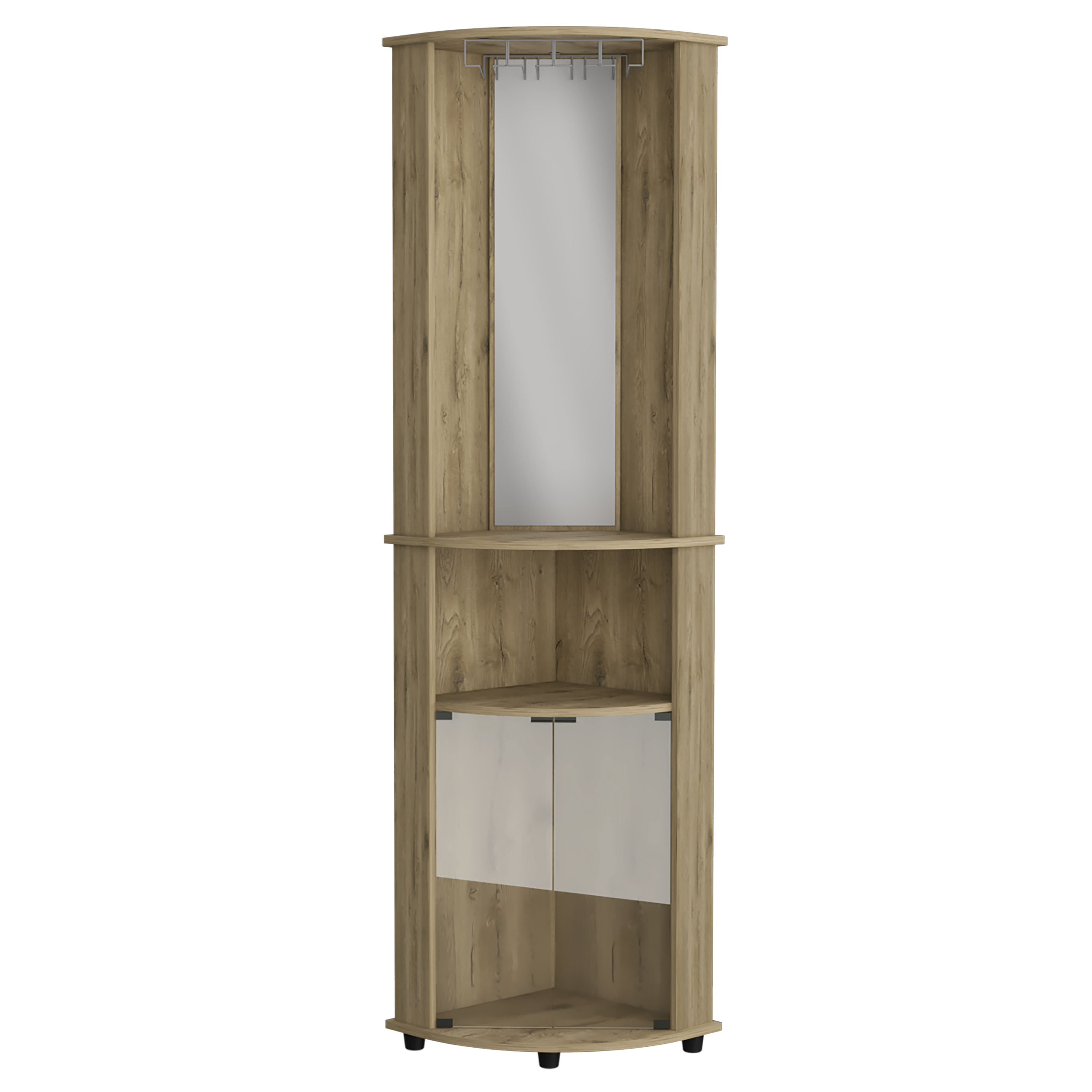 Chicago 75" H Mirrored Corner Bar Cabinet, With Glass Doors, Two Shelves and Stemware Macadamia