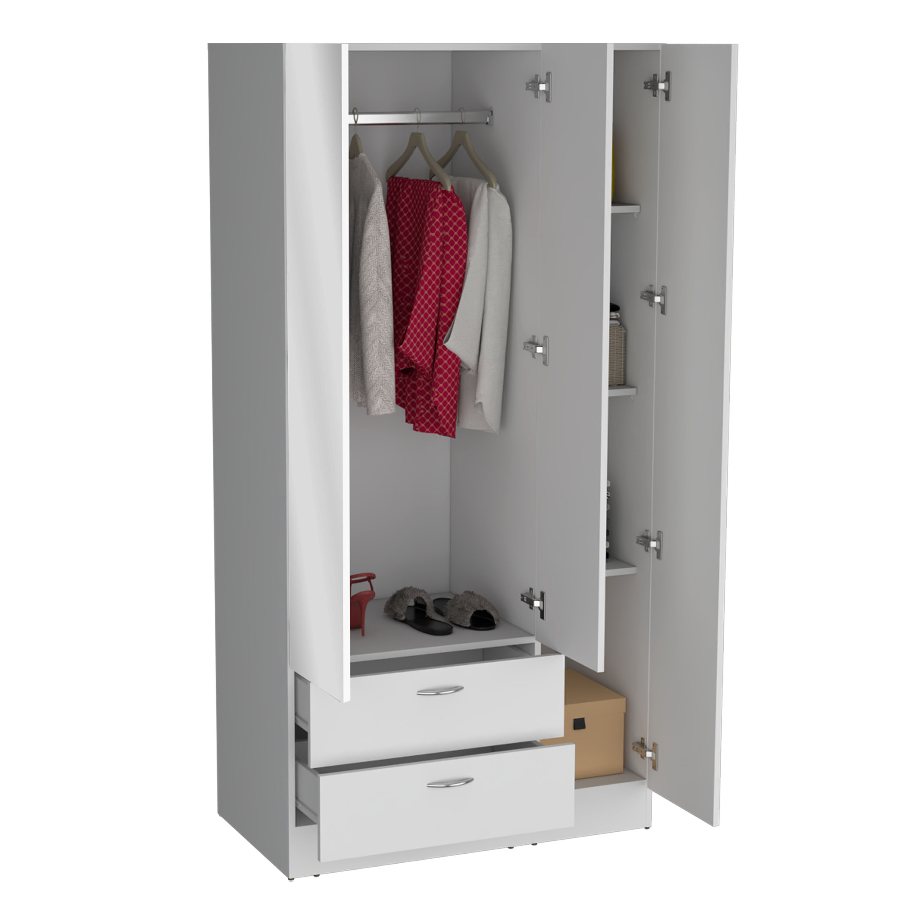 Riverside 3 Door Mirrored Armoire with Two Drawers, Four Shelves, and Hanging Rod White