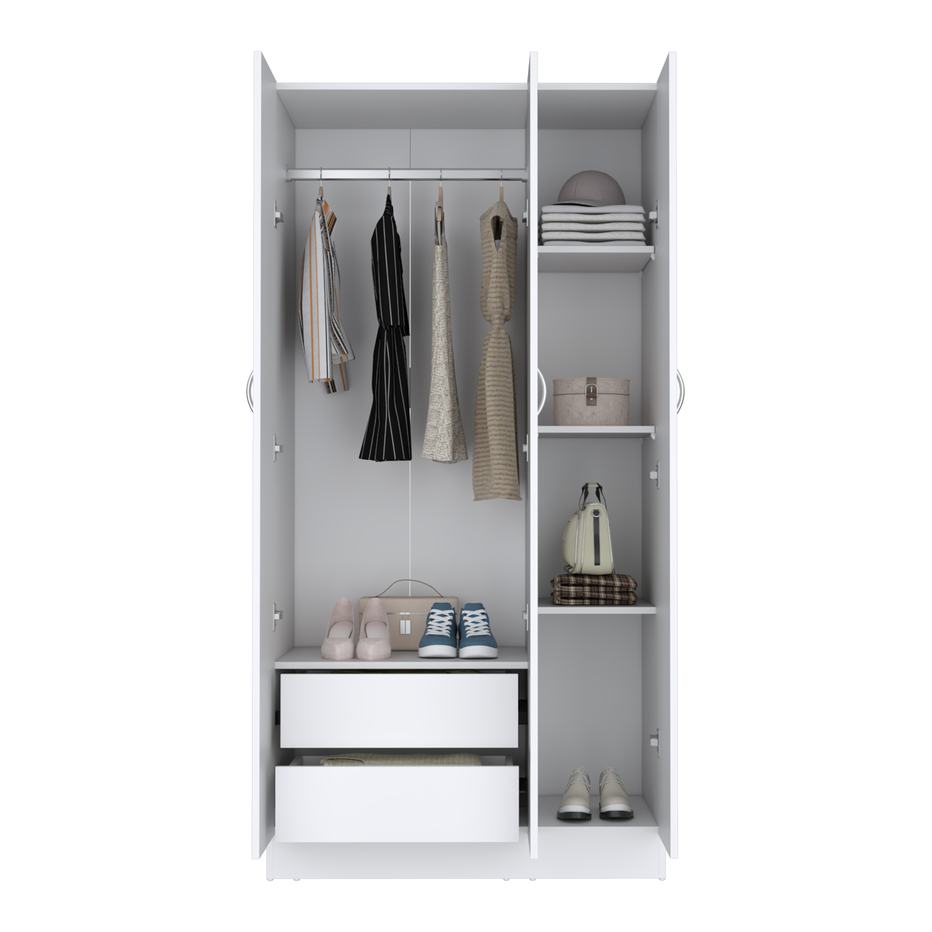 Ohio Armoire Wardrobe with 3-Doors, 2-Drawers, and 4-Tier Shelves White