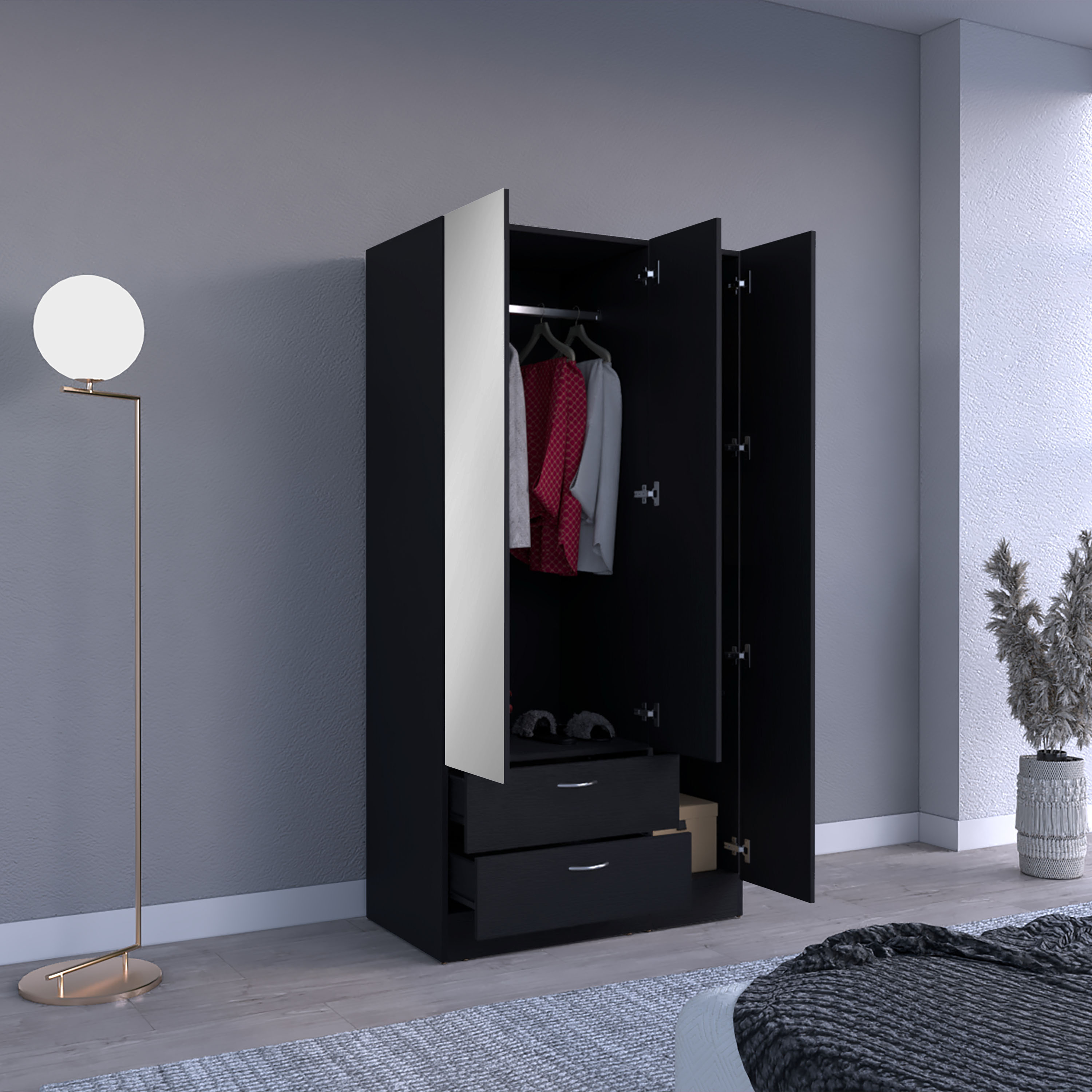 Riverside 3 Door Mirrored Armoire with Two Drawers, Four Shelves, and Hanging Rod Black