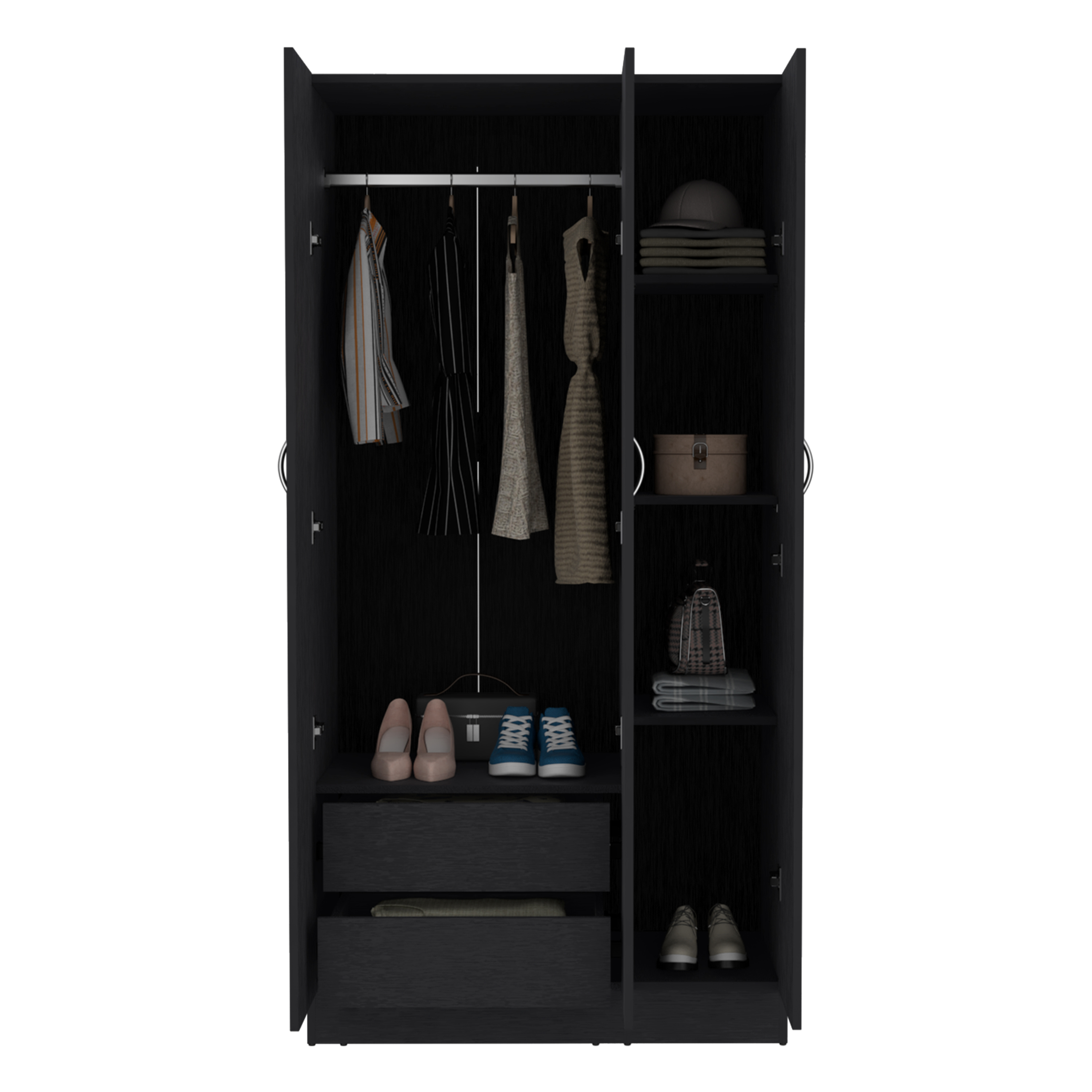 Ohio Armoire Wardrobe with 3-Doors, 2-Drawers, and 4-Tier Shelves Black