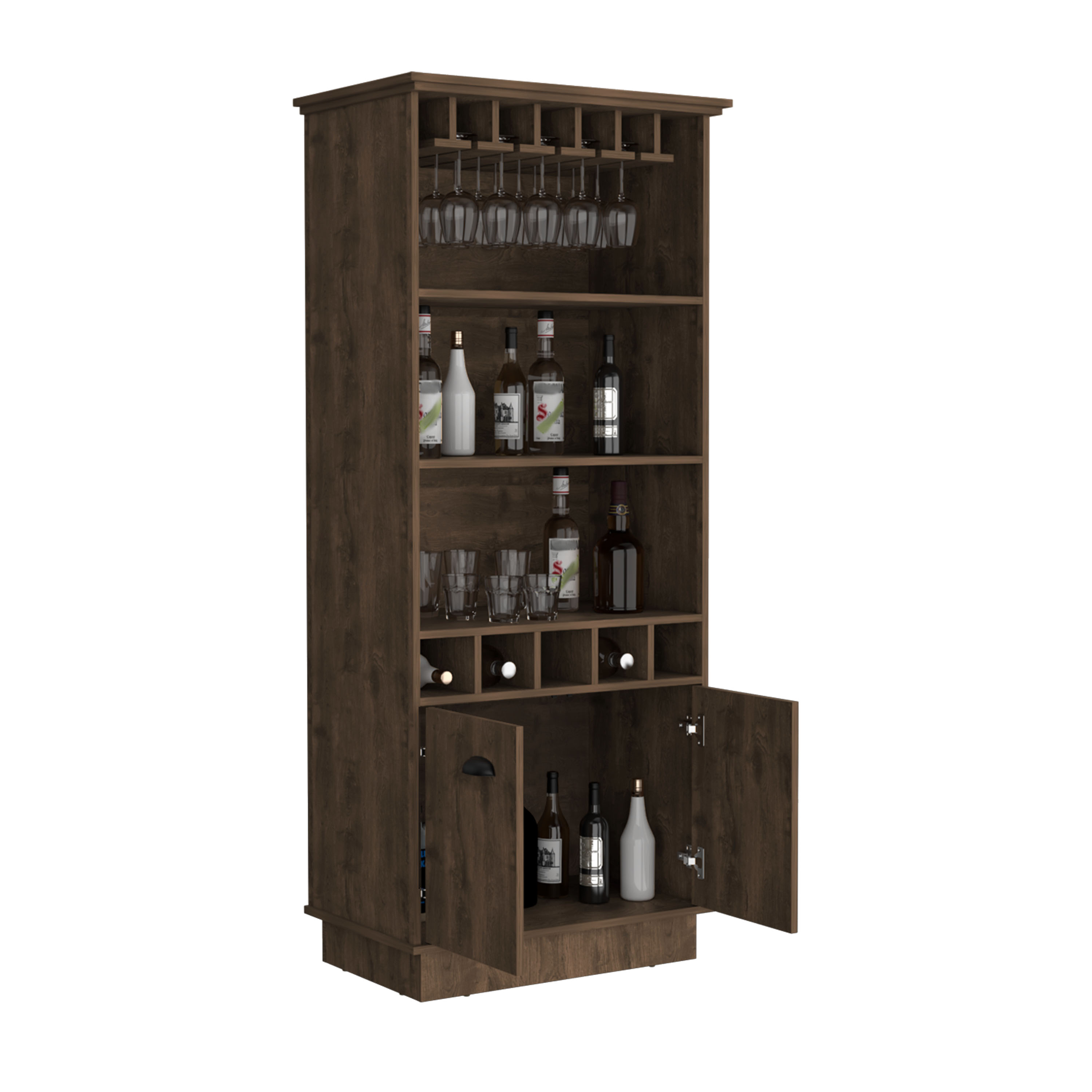 Dundee 70-Inch High 10-Glass Bar Cabinet with 5 Cubbies and 3 Open Shelves and Cabinet