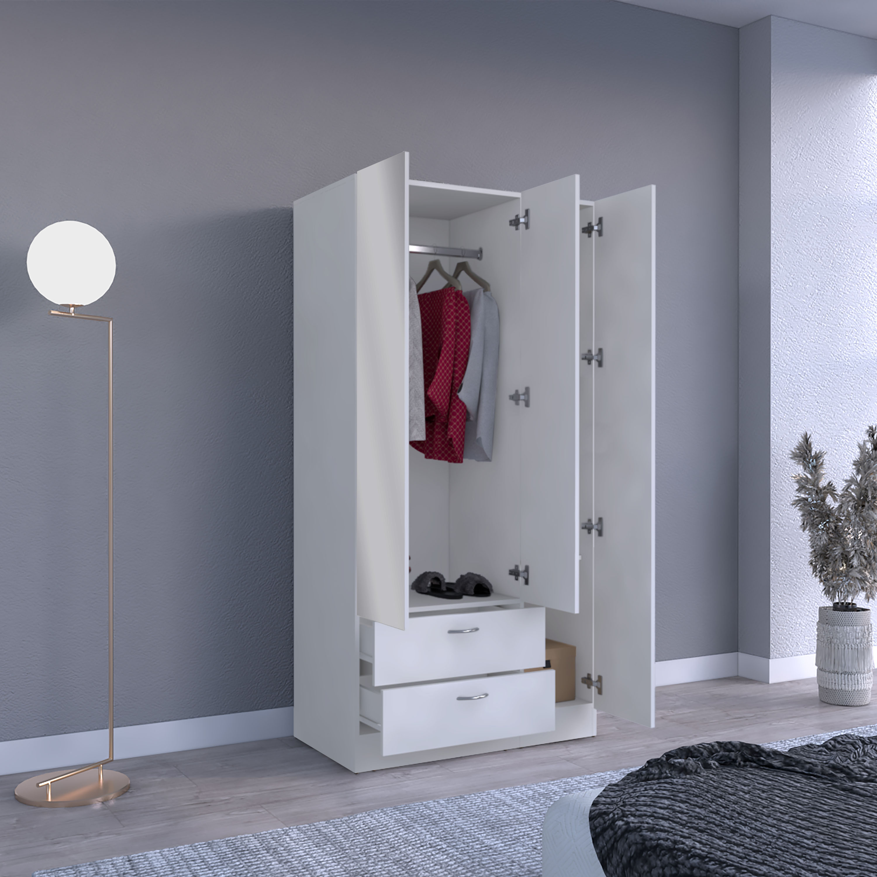 Riverside 3 Door Mirrored Armoire with Two Drawers, Four Shelves, and Hanging Rod White