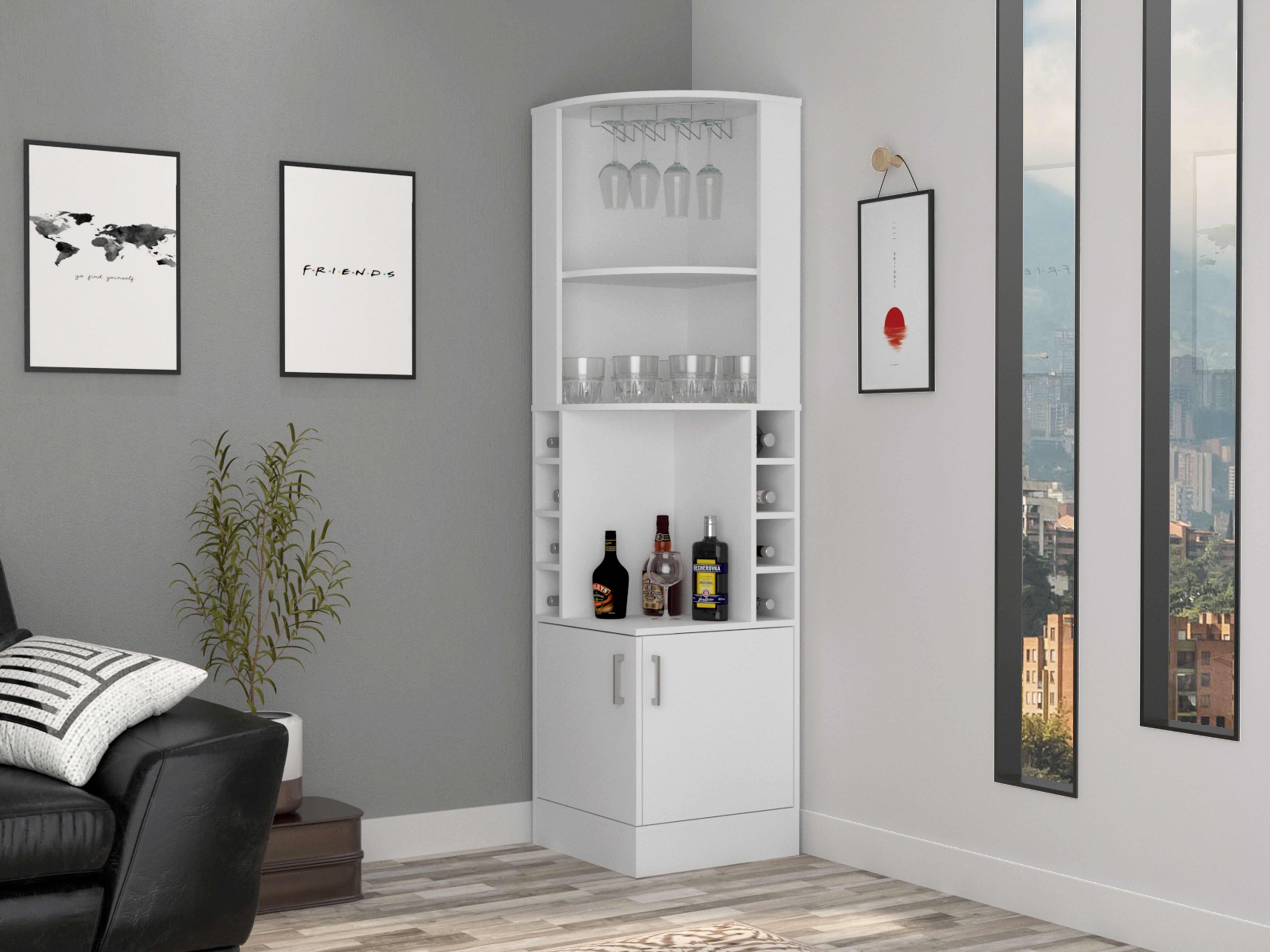 Syrah Corner Bar Cabinet, Two External Shelves White