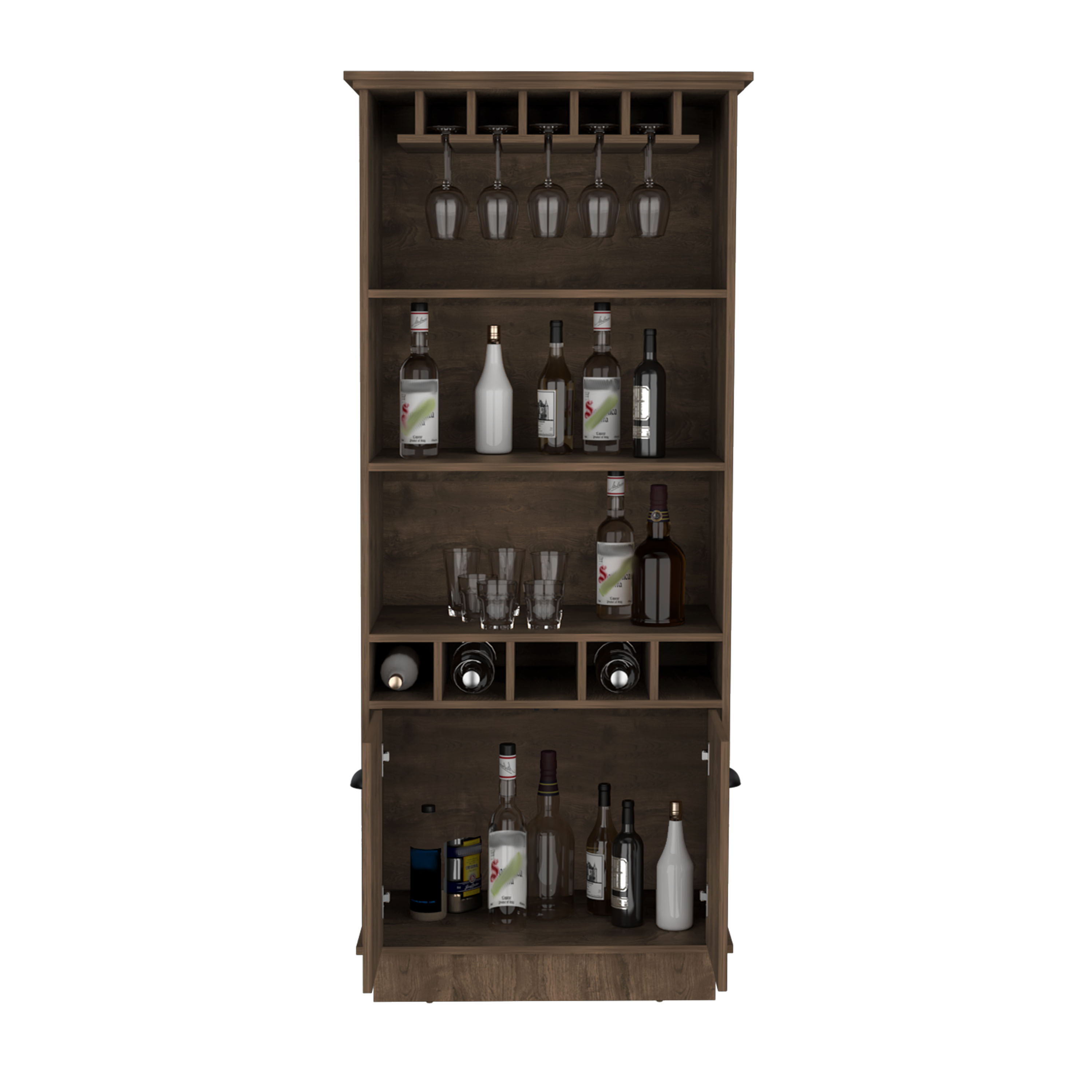 Dundee 70-Inch High 10-Glass Bar Cabinet with 5 Cubbies and 3 Open Shelves and Cabinet