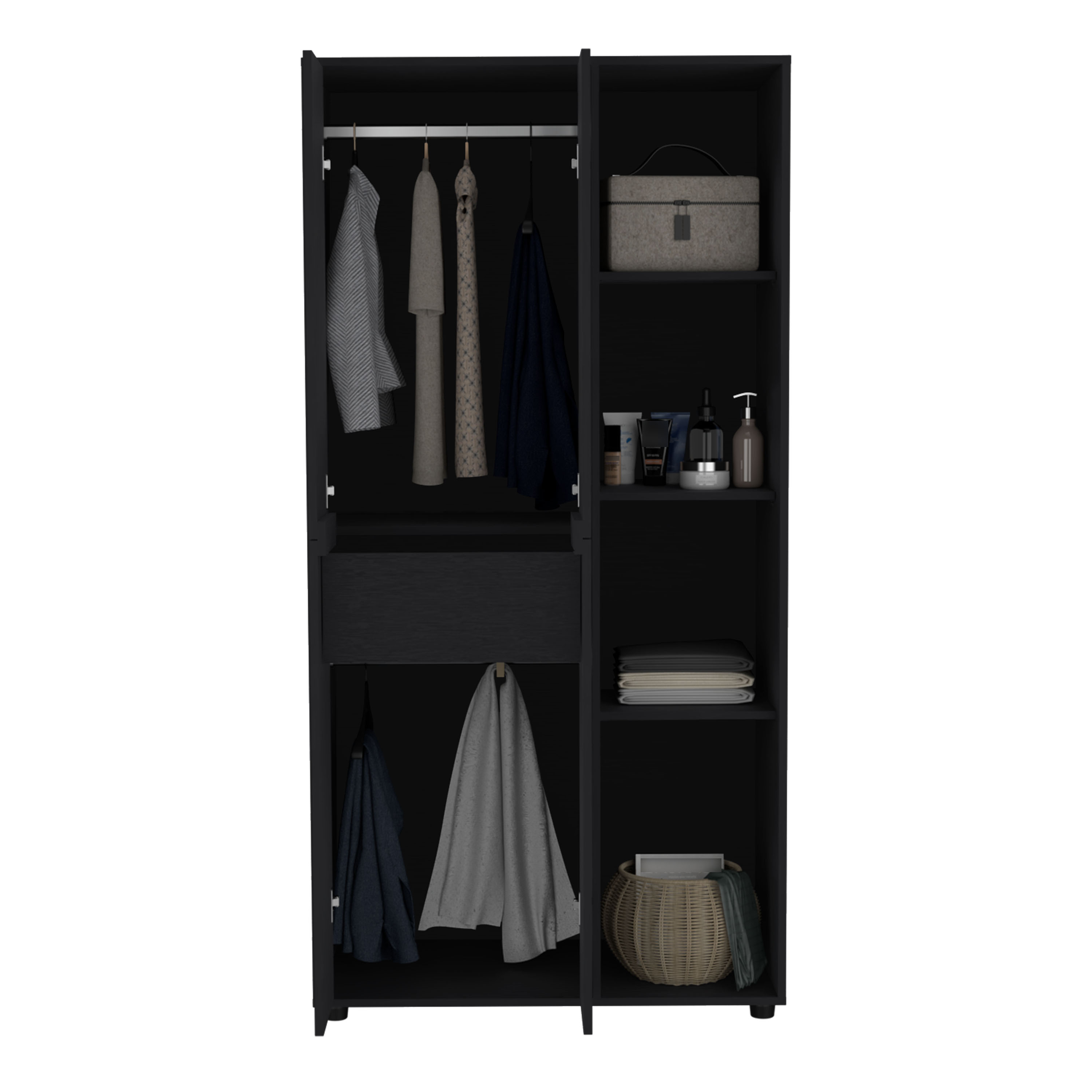 Misuri Wardrobe Armoire with Double Door, Drawer, Hanging Rodss, and Open Shelves Black