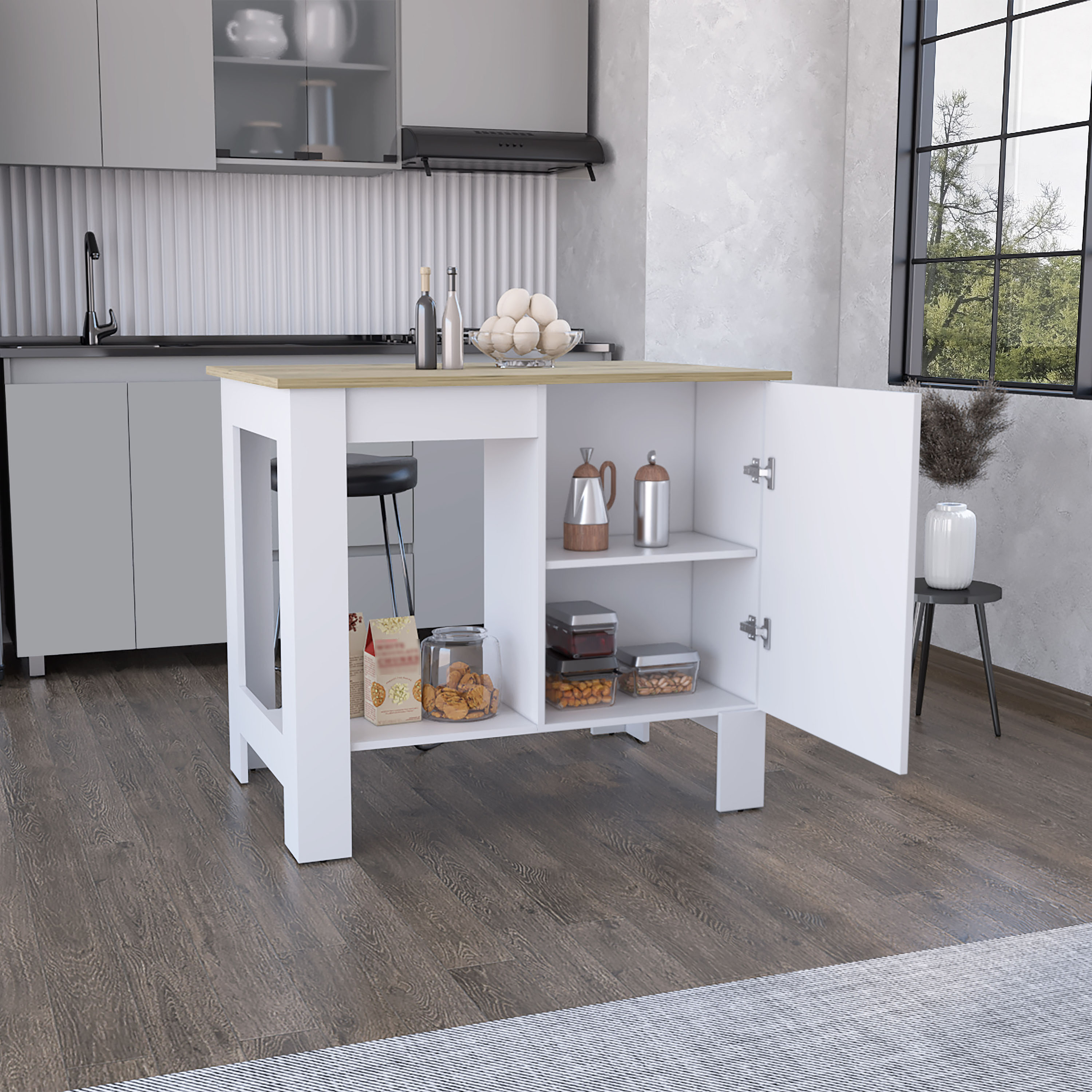 Atenea Kitchen Island, Single Door Cabinet, Shelf White / Macadamia