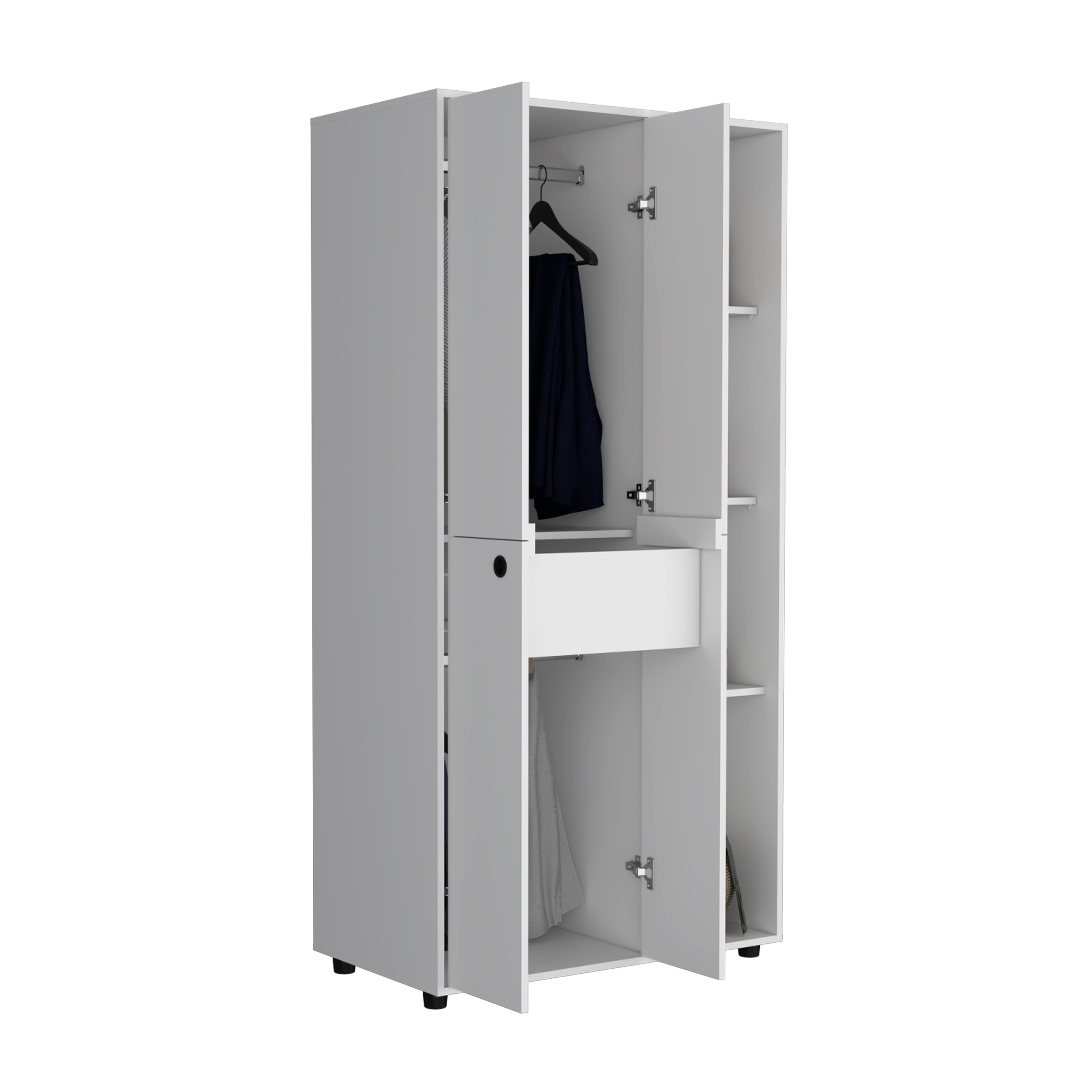 Misuri Wardrobe Armoire with Double Door, Drawer, Hanging Rod, and Open Shelves White