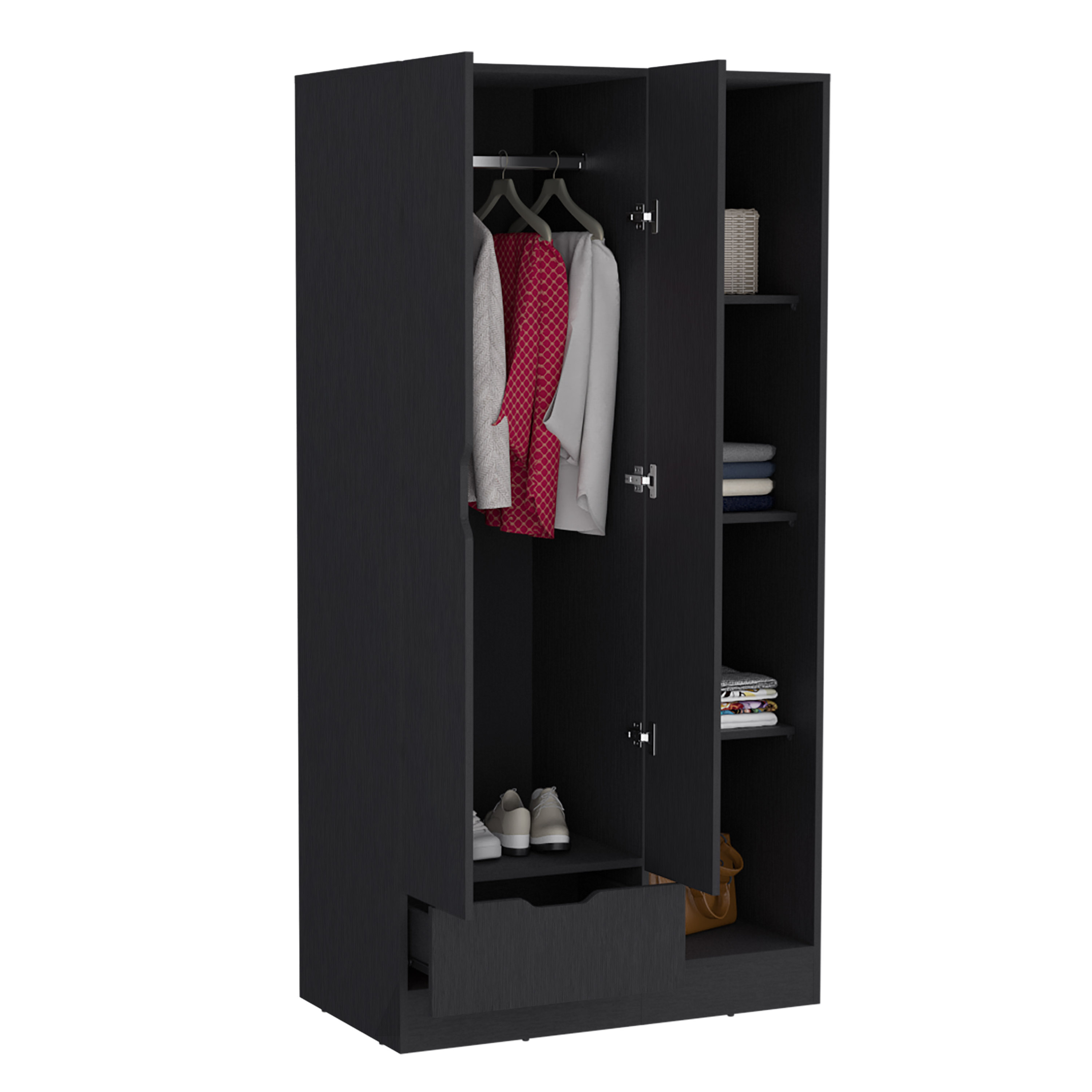 Memphis Wardrobe Armoire with 4-Tier Storage Shelves and 1 Drawer Black