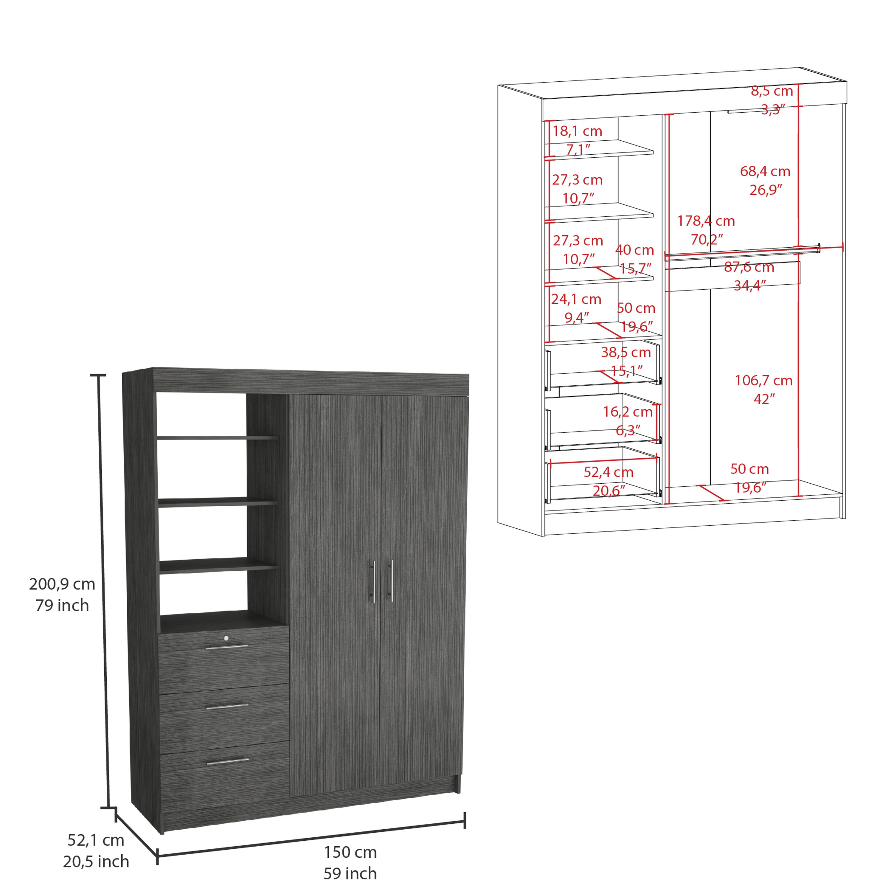 Kenya Armoire with Double Door, Three Drawers, 3-Tier Shelf and double hanging Rod Smokey Oak