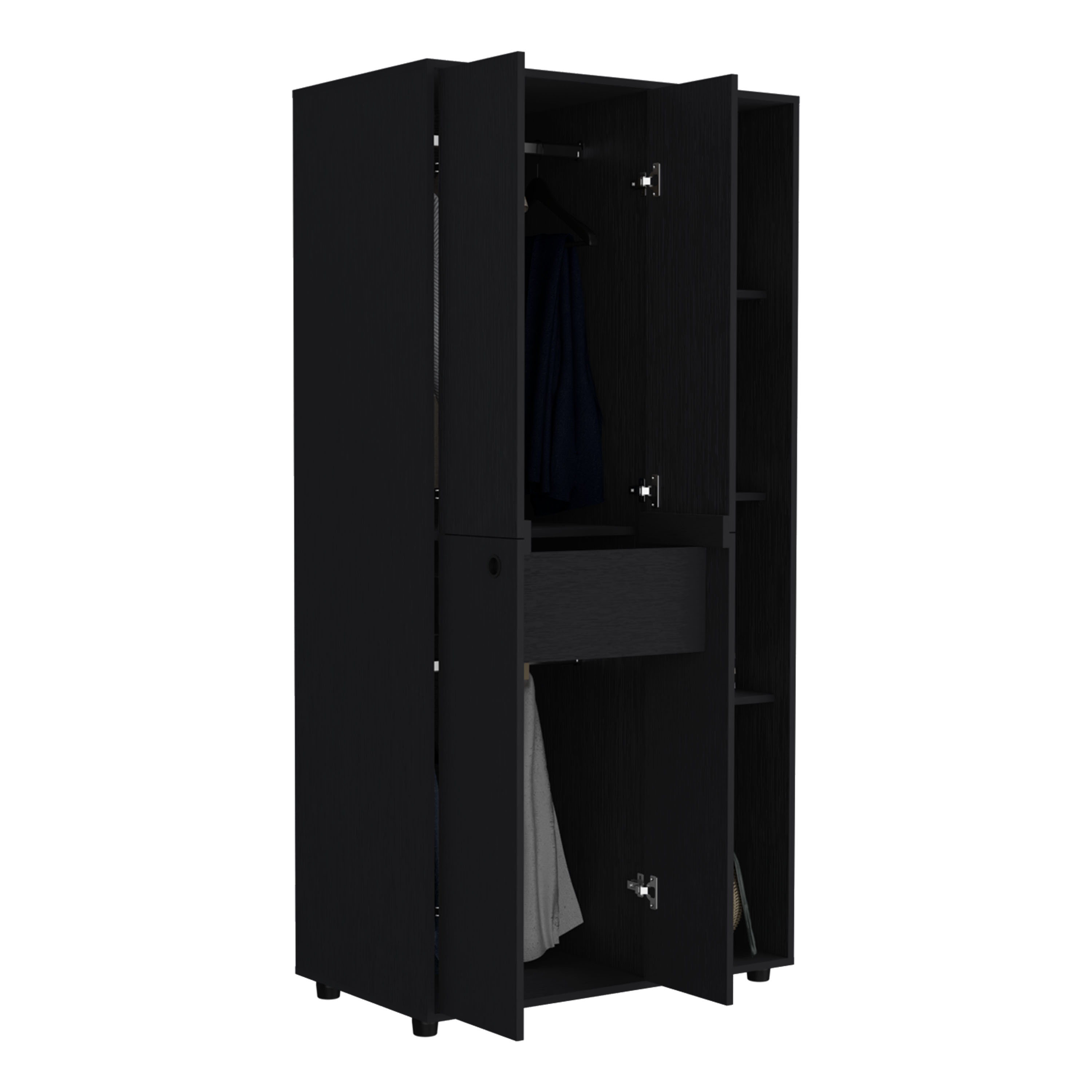 Misuri Wardrobe Armoire with Double Door, Drawer, Hanging Rodss, and Open Shelves Black