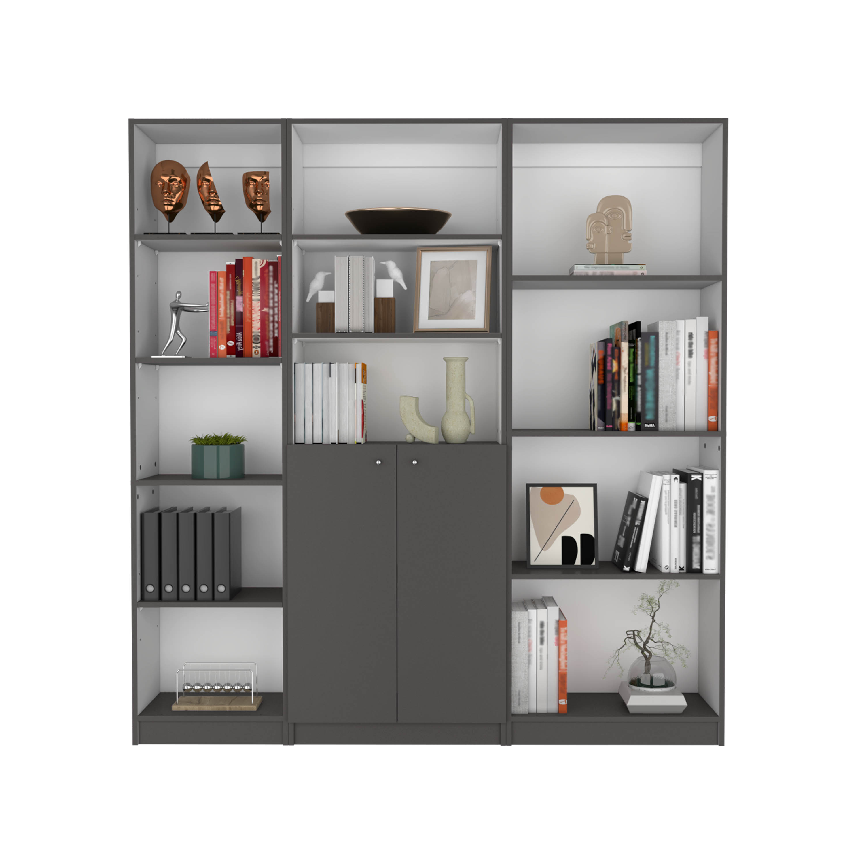 Poole 3 Piece Home Bookcase set, 67" Wide with 12 Shelves and 2-door Cabinet ,  Living Room Set  Matt Gray / White