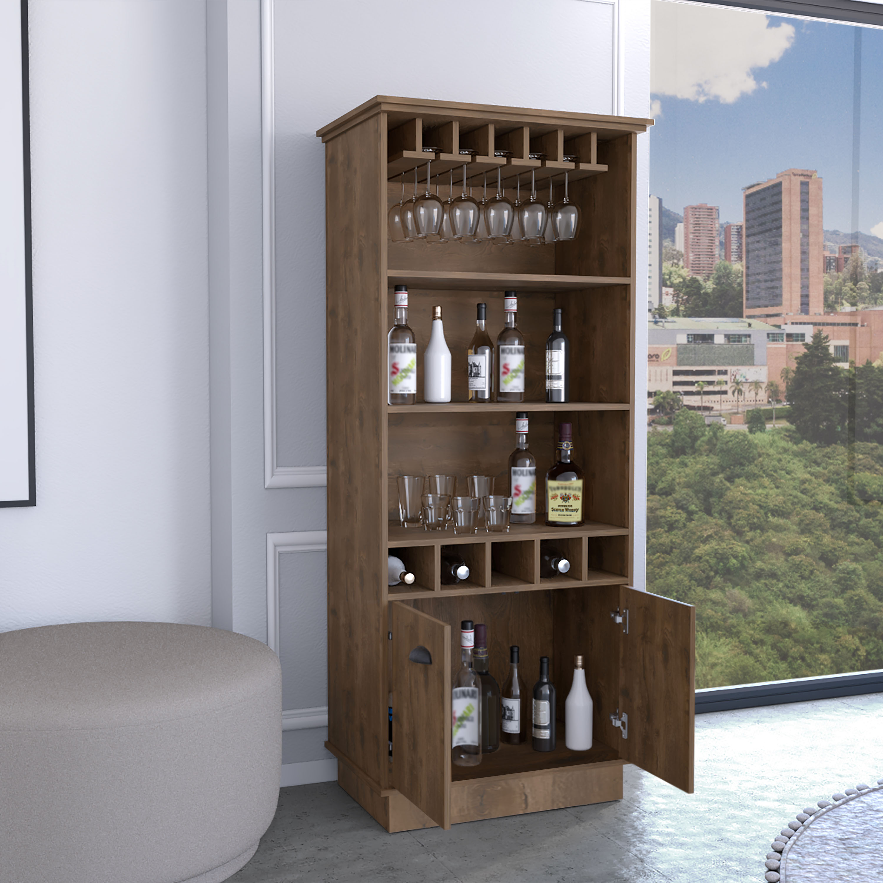 Dundee 70-Inch High 10-Glass Bar Cabinet with 5 Cubbies and 3 Open Shelves and Cabinet