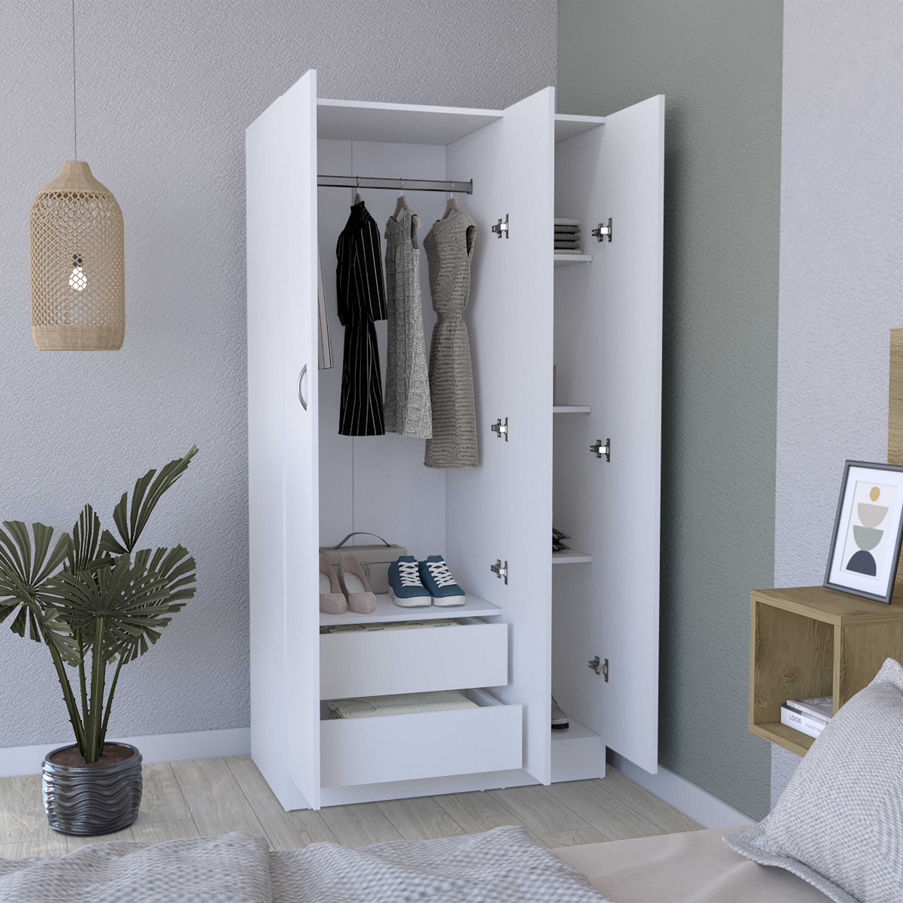 Ohio Armoire Wardrobe with 3-Doors, 2-Drawers, and 4-Tier Shelves White