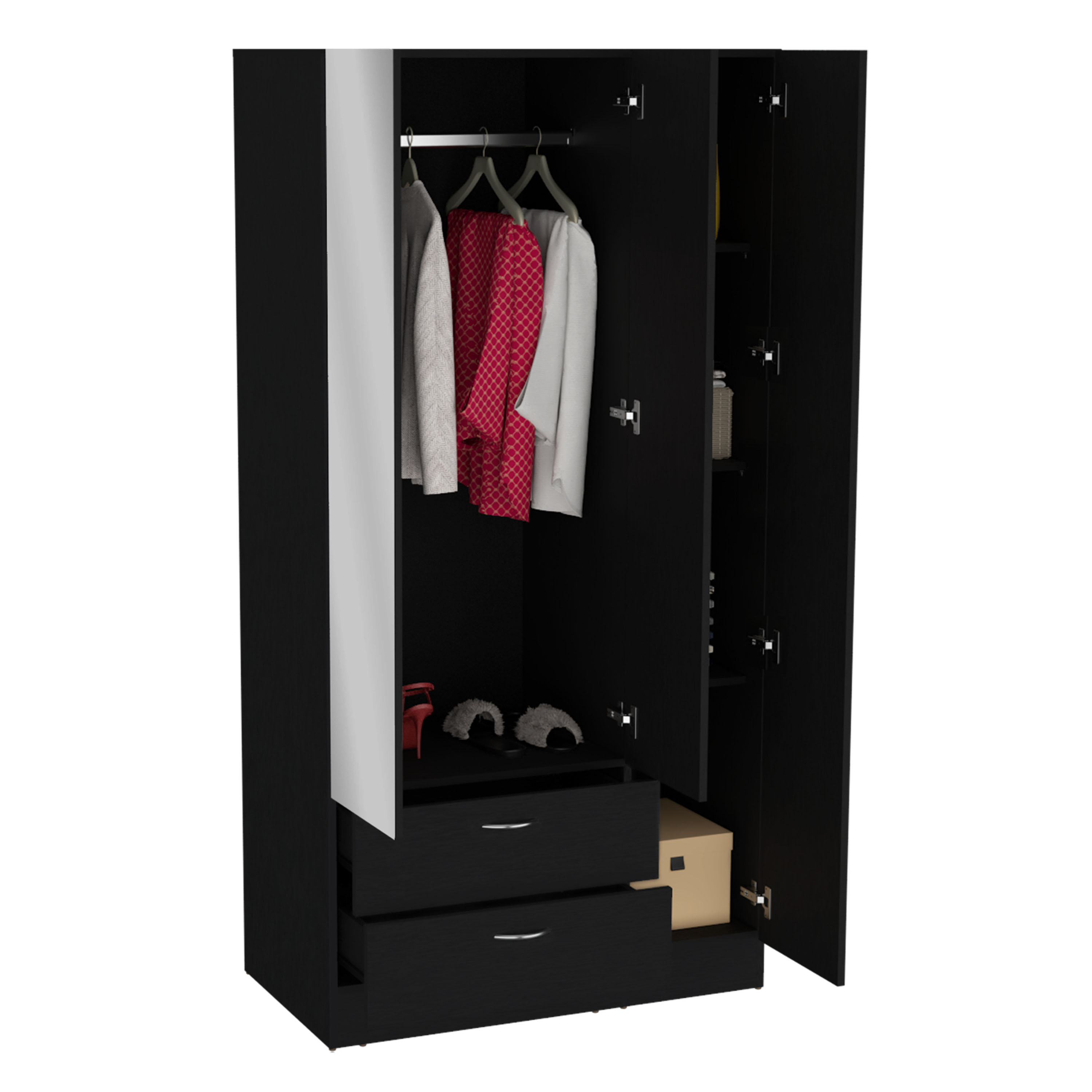 Riverside 3 Door Mirrored Armoire with Two Drawers, Four Shelves, and Hanging Rod Black