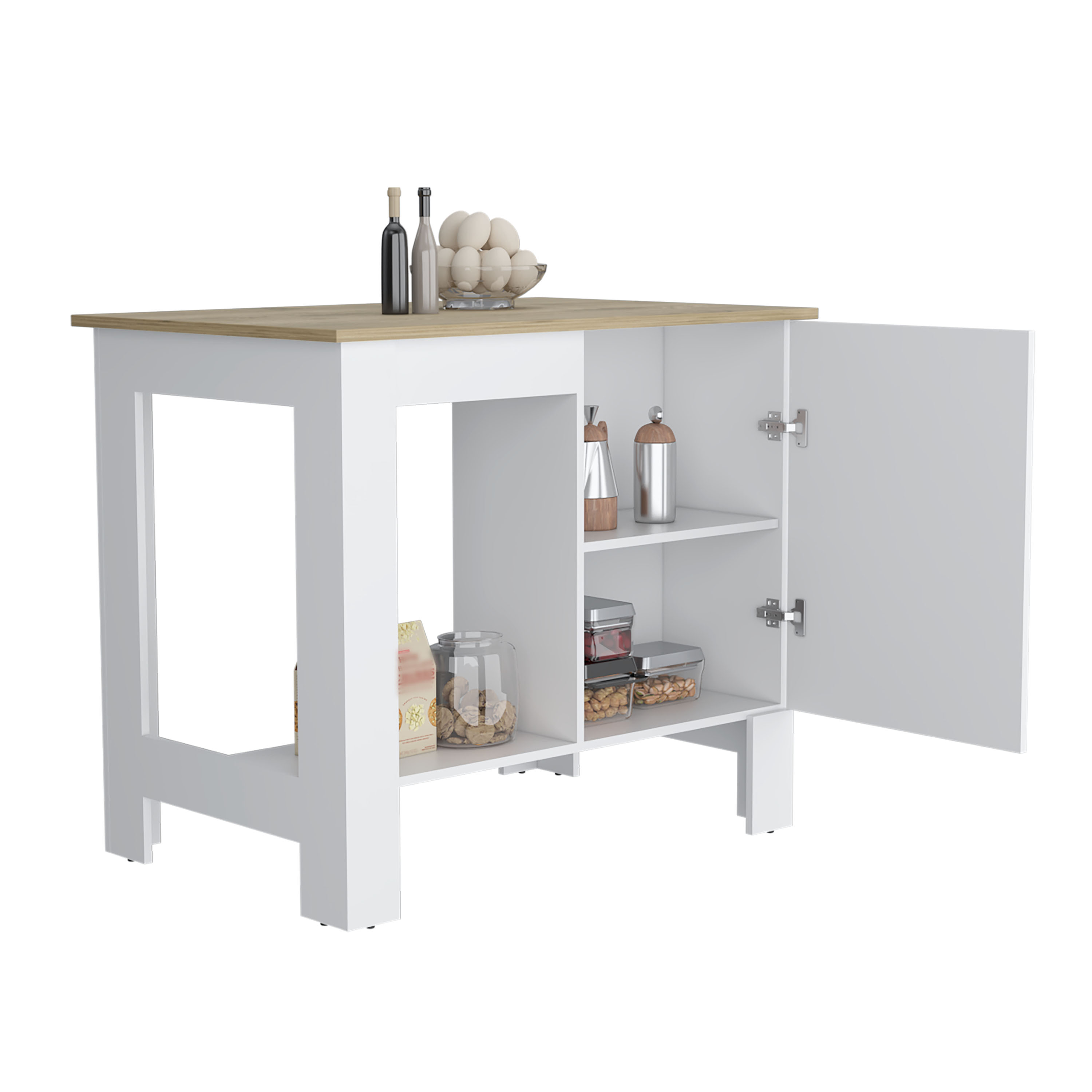 Atenea Kitchen Island, Single Door Cabinet, Shelf White / Macadamia