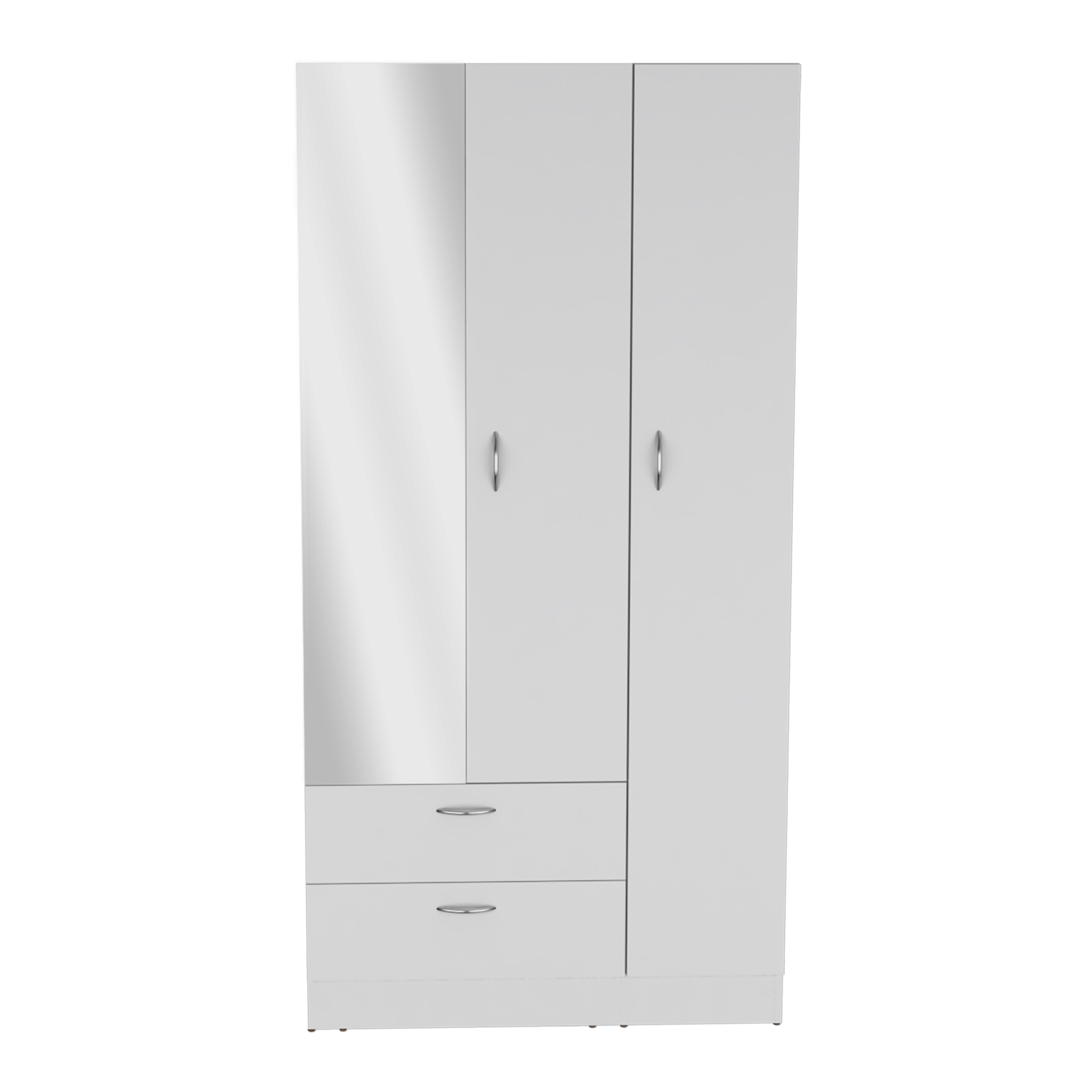 Riverside 3 Door Mirrored Armoire with Two Drawers, Four Shelves, and Hanging Rod White