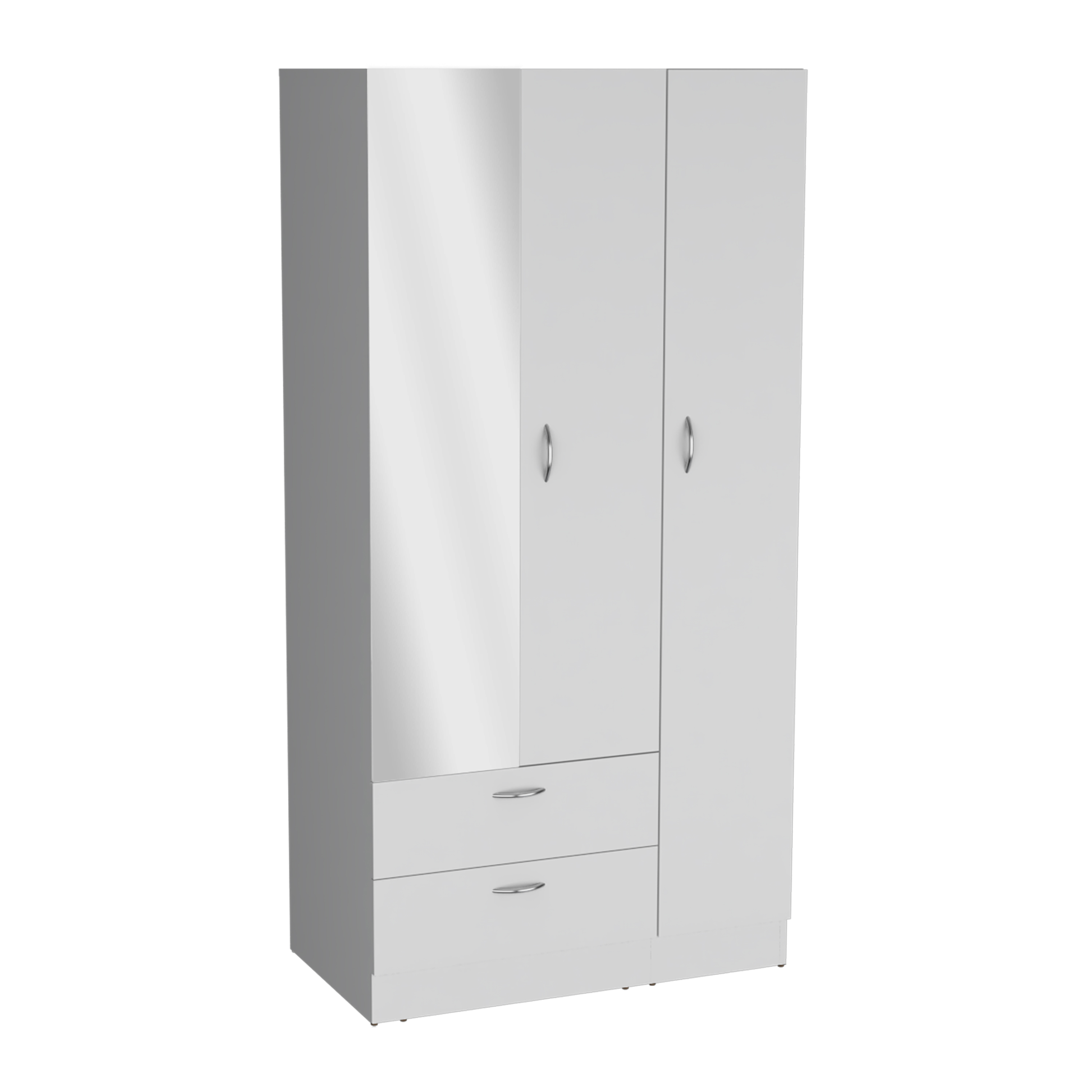 Riverside 3 Door Mirrored Armoire with Two Drawers, Four Shelves, and Hanging Rod White