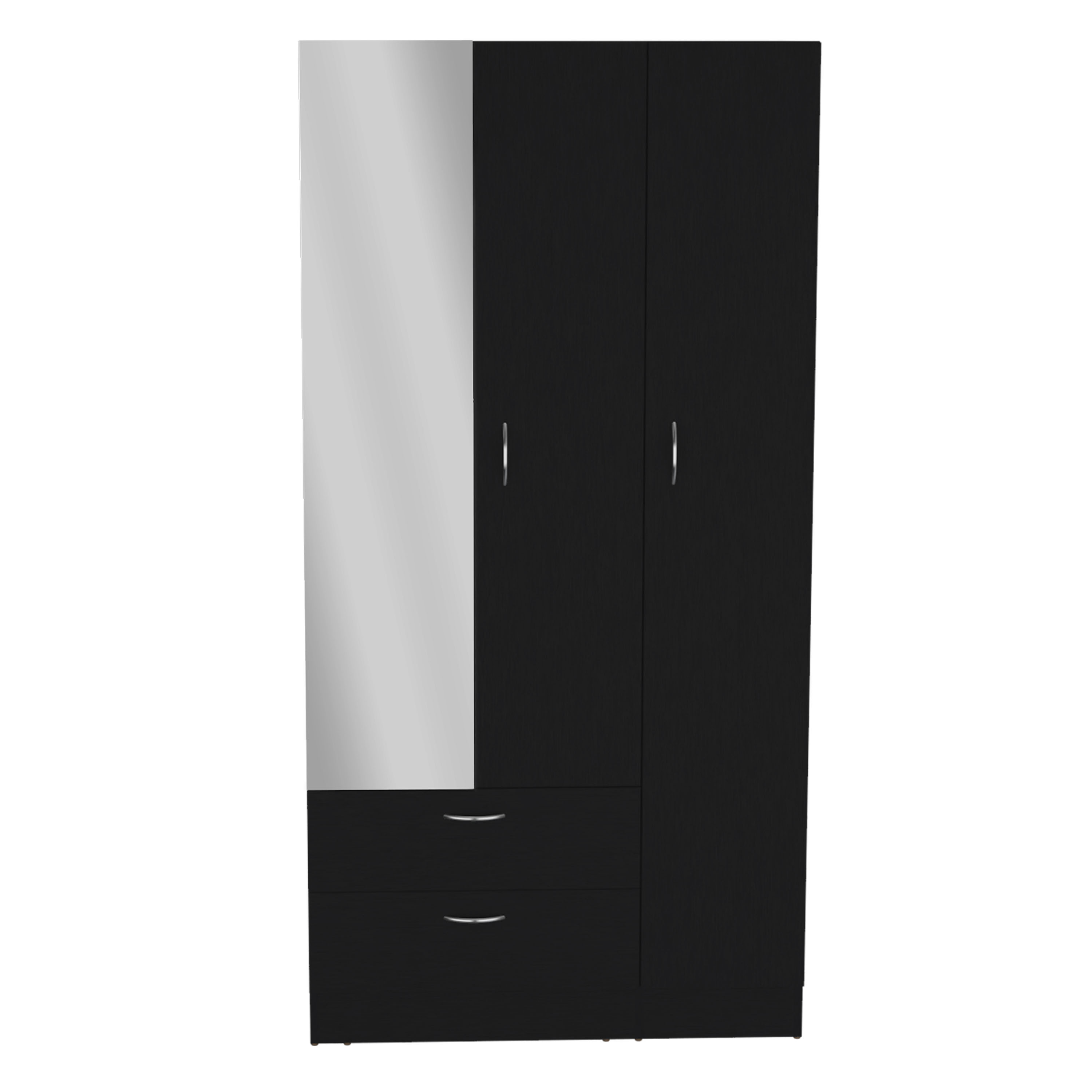 Riverside 3 Door Mirrored Armoire with Two Drawers, Four Shelves, and Hanging Rod Black