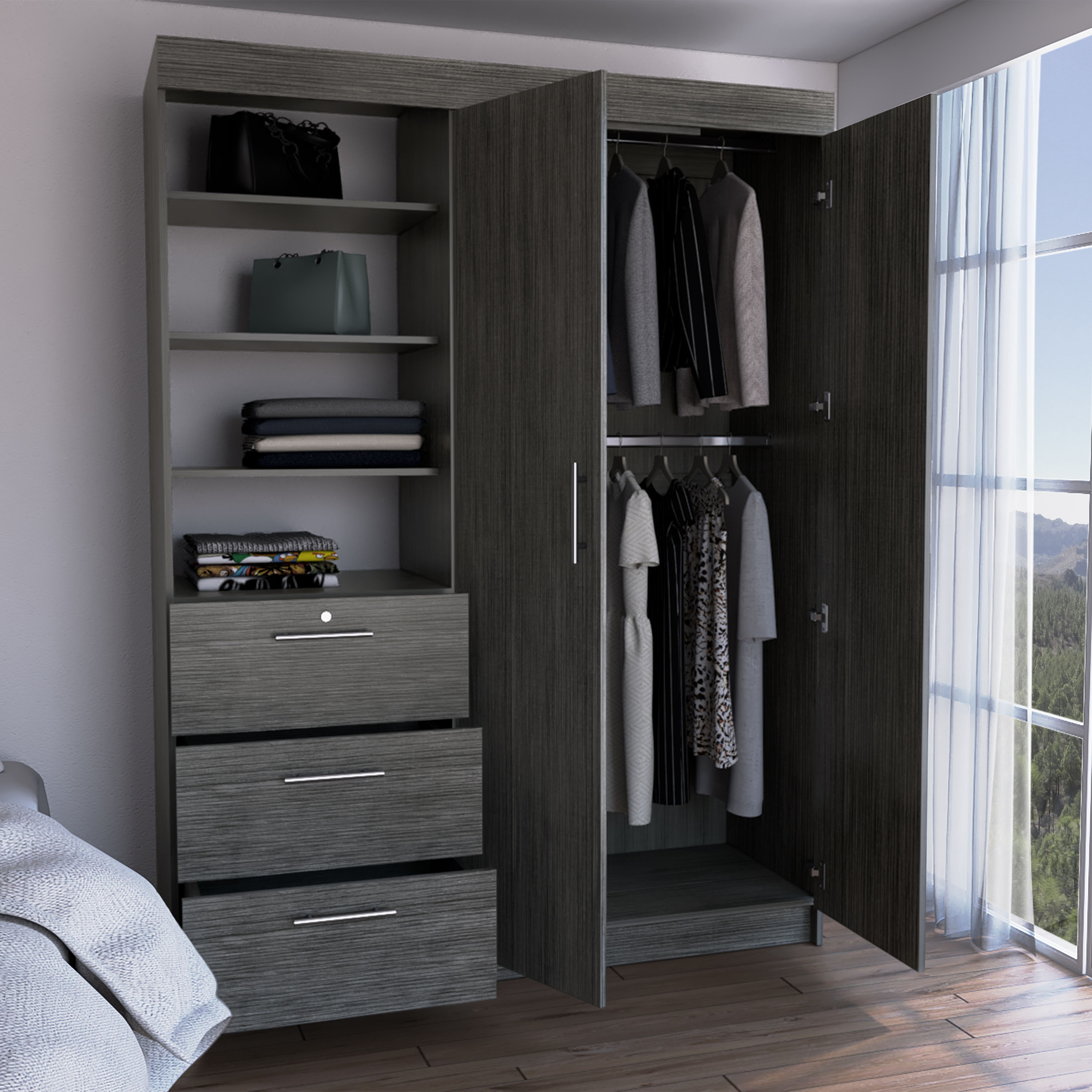 Kenya Armoire with Double Door, Three Drawers, 3-Tier Shelf and double hanging Rod Smokey Oak