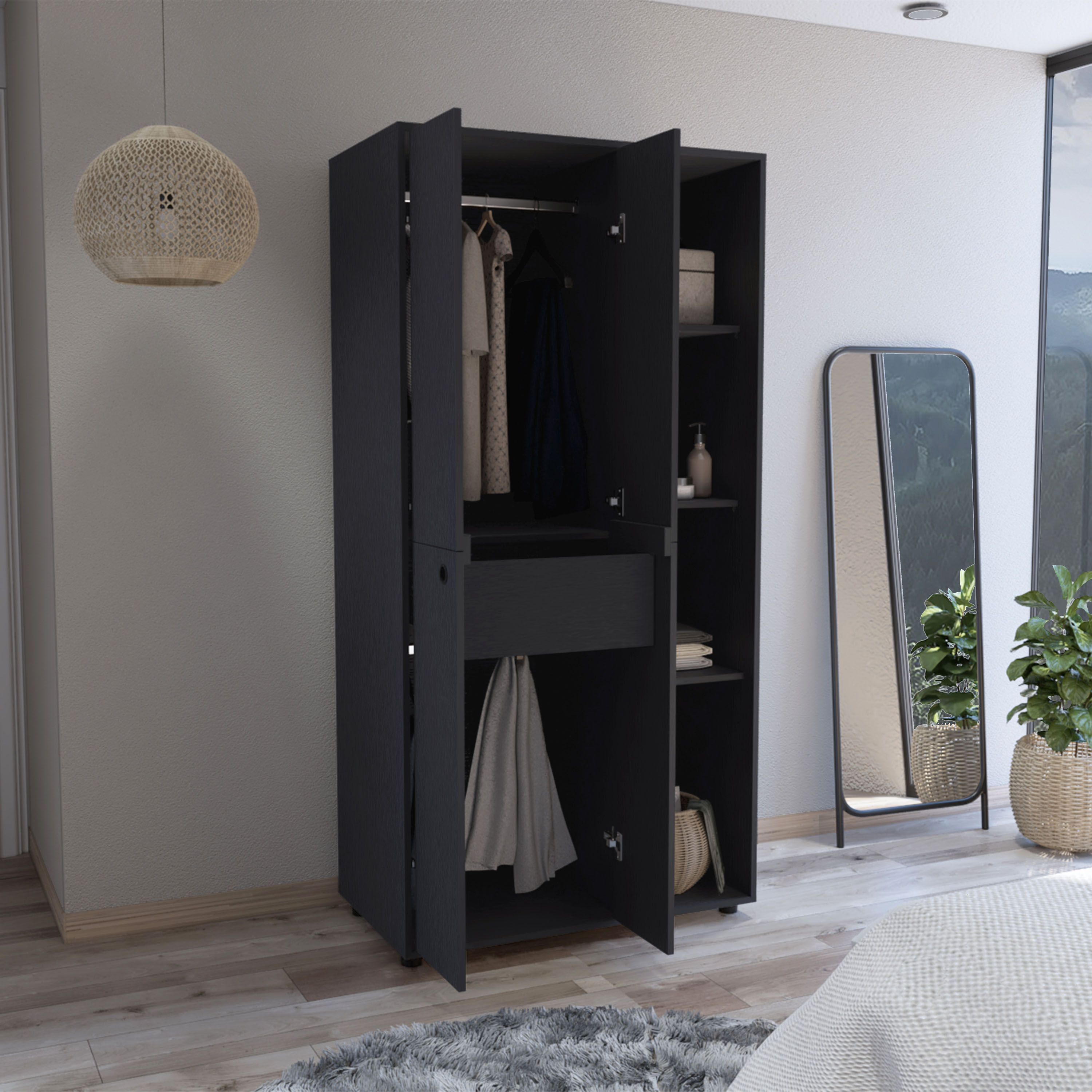 Misuri Wardrobe Armoire with Double Door, Drawer, Hanging Rodss, and Open Shelves Black