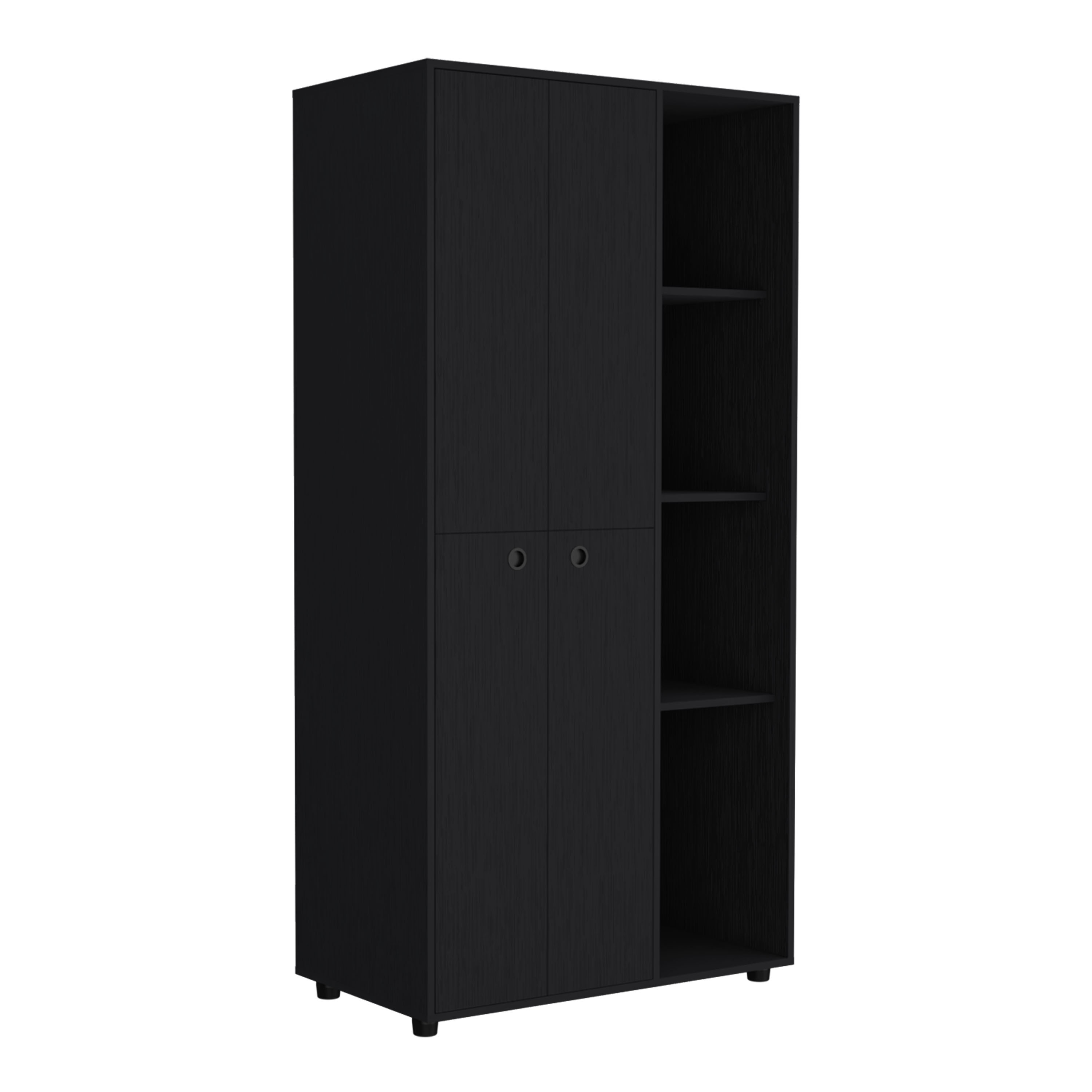 Misuri Wardrobe Armoire with Double Door, Drawer, Hanging Rodss, and Open Shelves Black