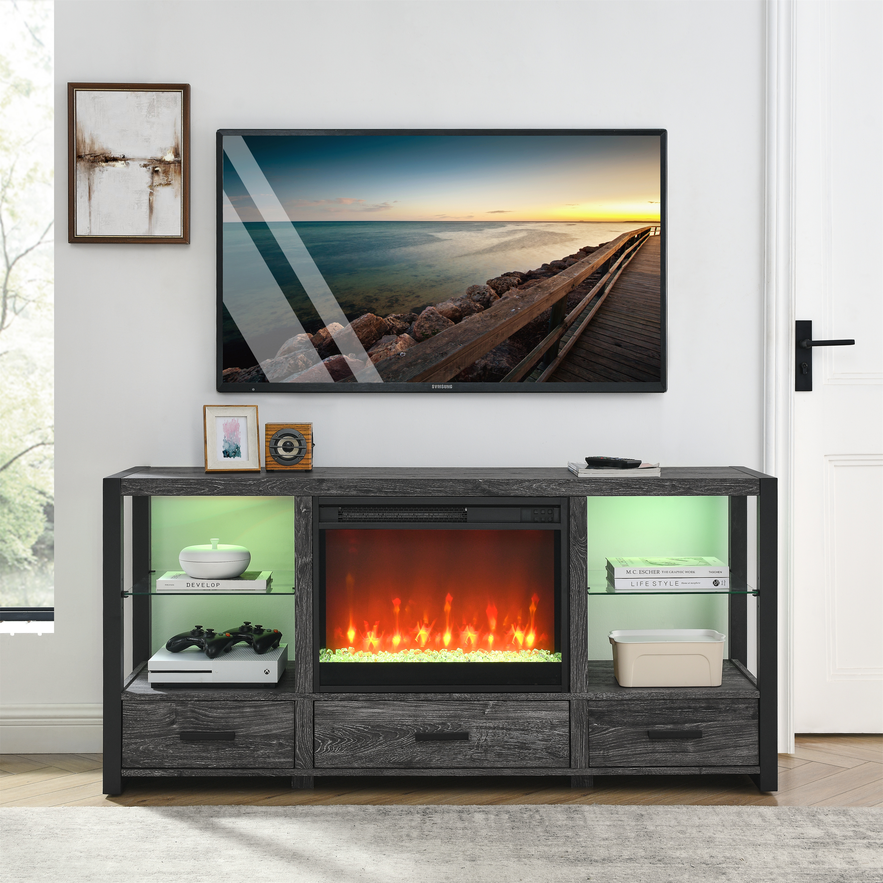 23 inch electric fireplace insert, ultra thin heater with crystal  & realistic flame, remote control with timer, overheating protection,with side light