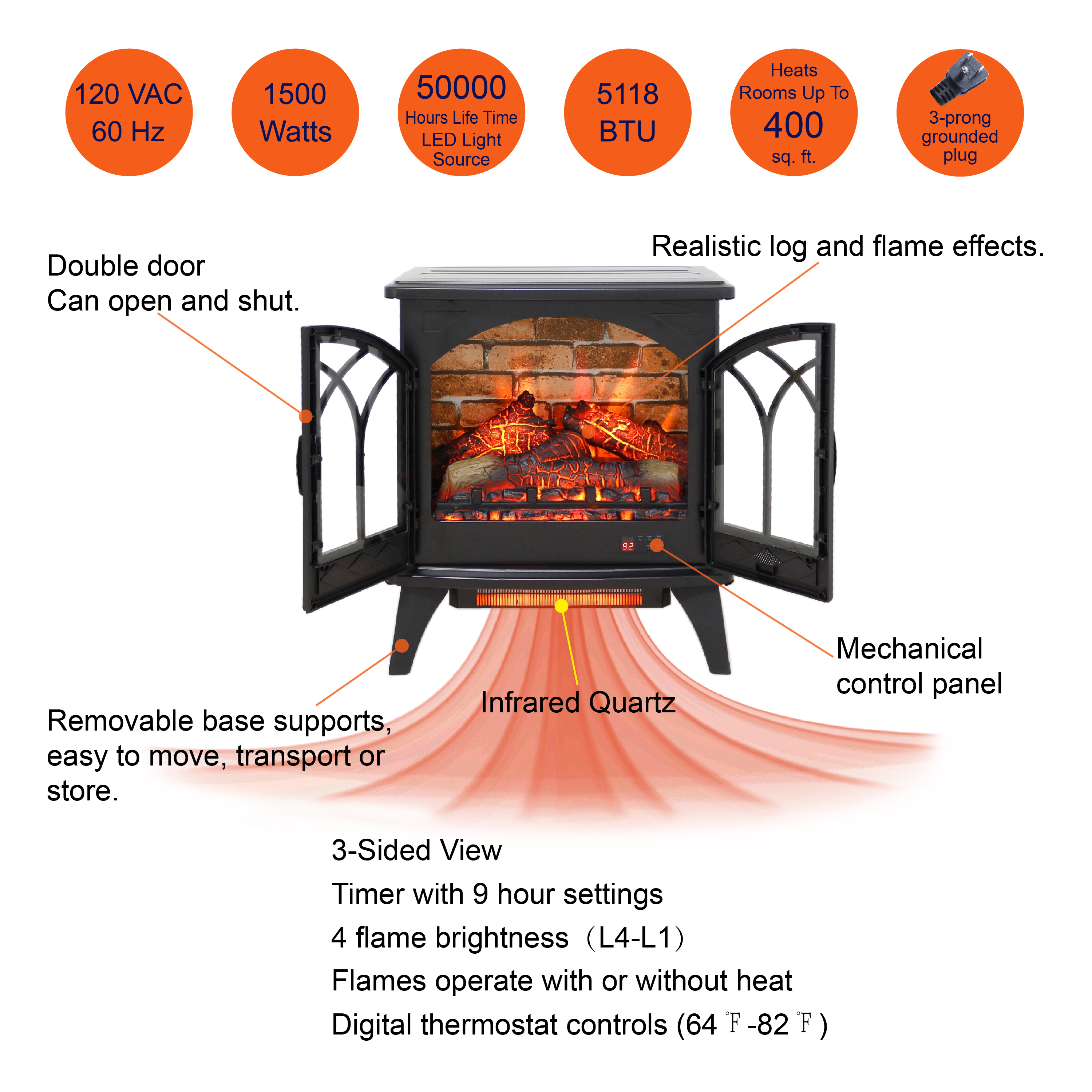 24 inch 3D  Flame Electric Infrared Quartz Fireplace Stove with remote control