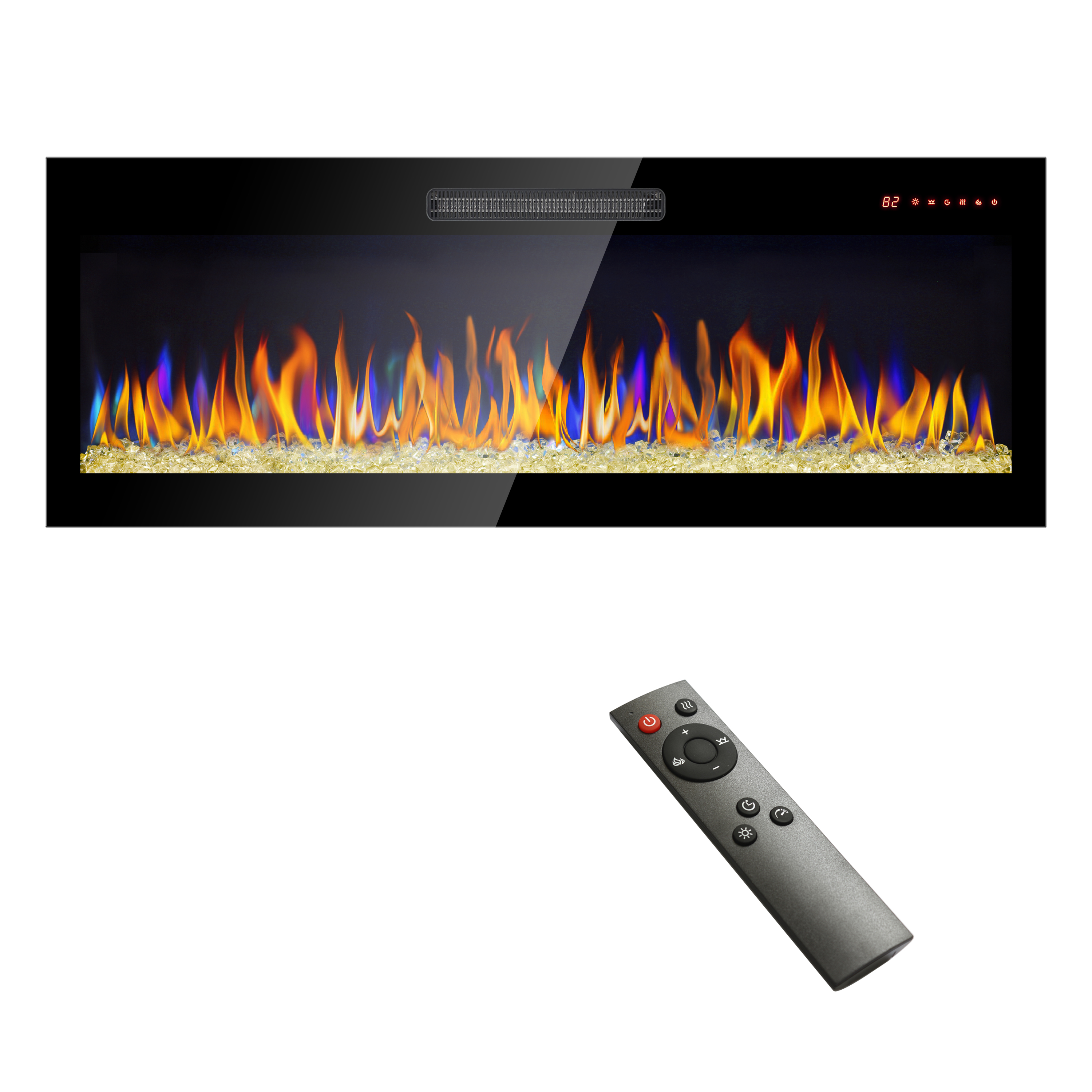 50 inch recessed ultra thin tempered glass front wall mounted electric fireplace with remote and multi color flame & emberbed, LED light heater