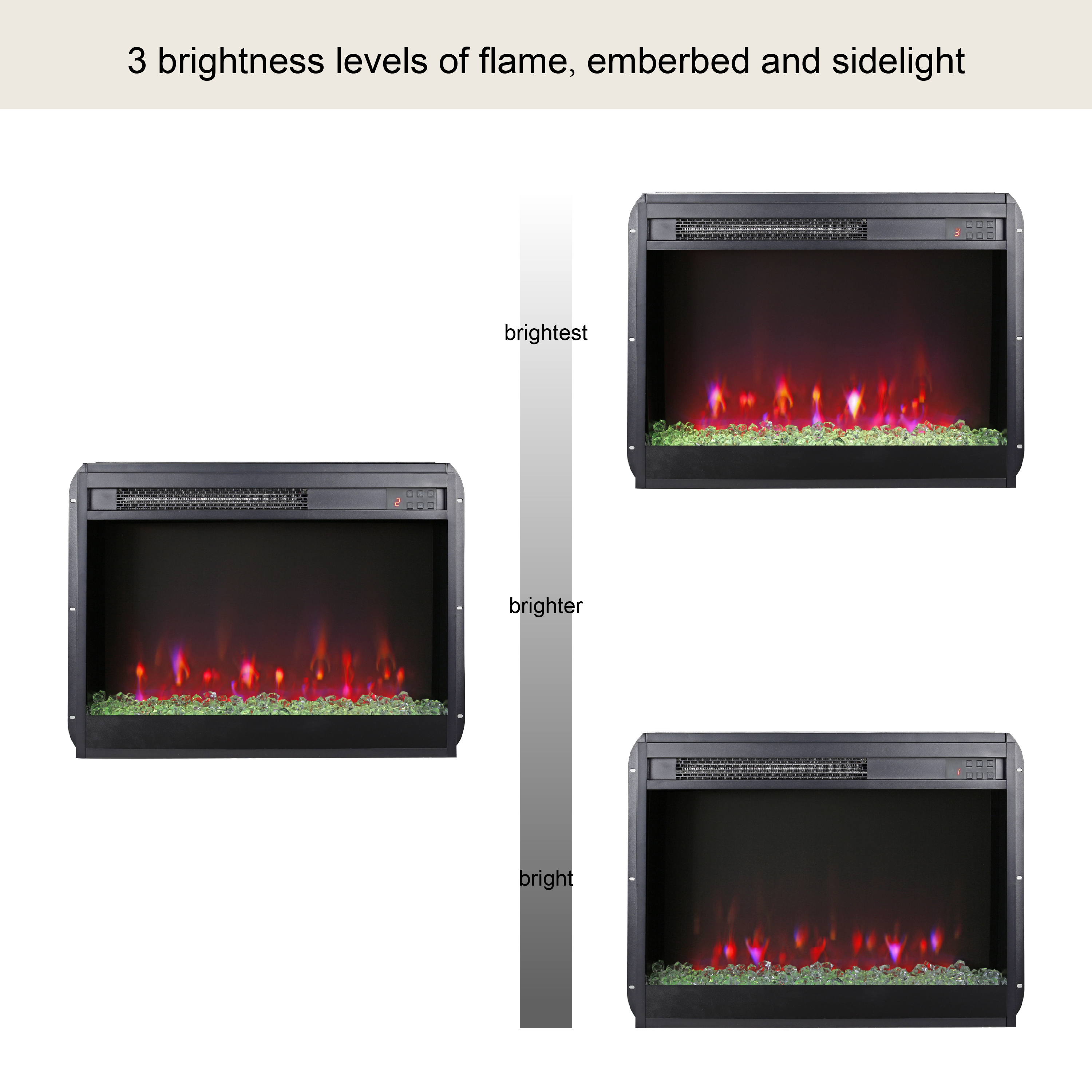 23 inch electric fireplace insert, ultra thin heater with crystal  & realistic flame, remote control with timer, overheating protection,with side light