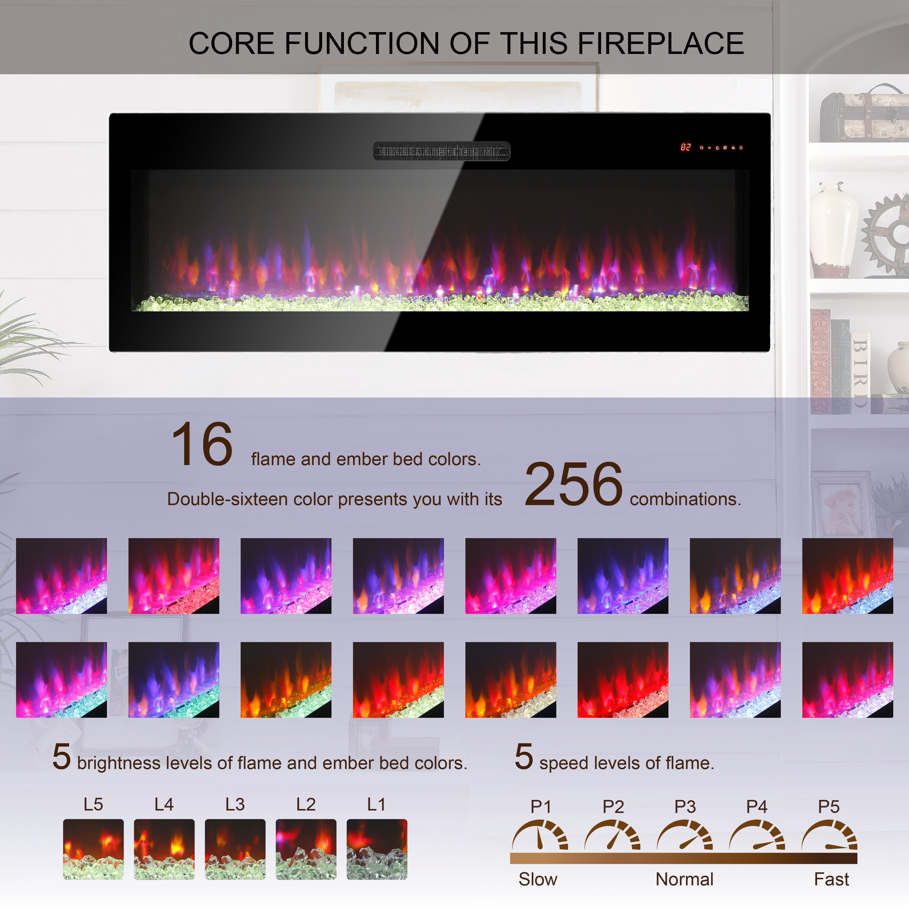 50 Inch Electric Fireplace, Recessed and Wall Mounted Fireplace