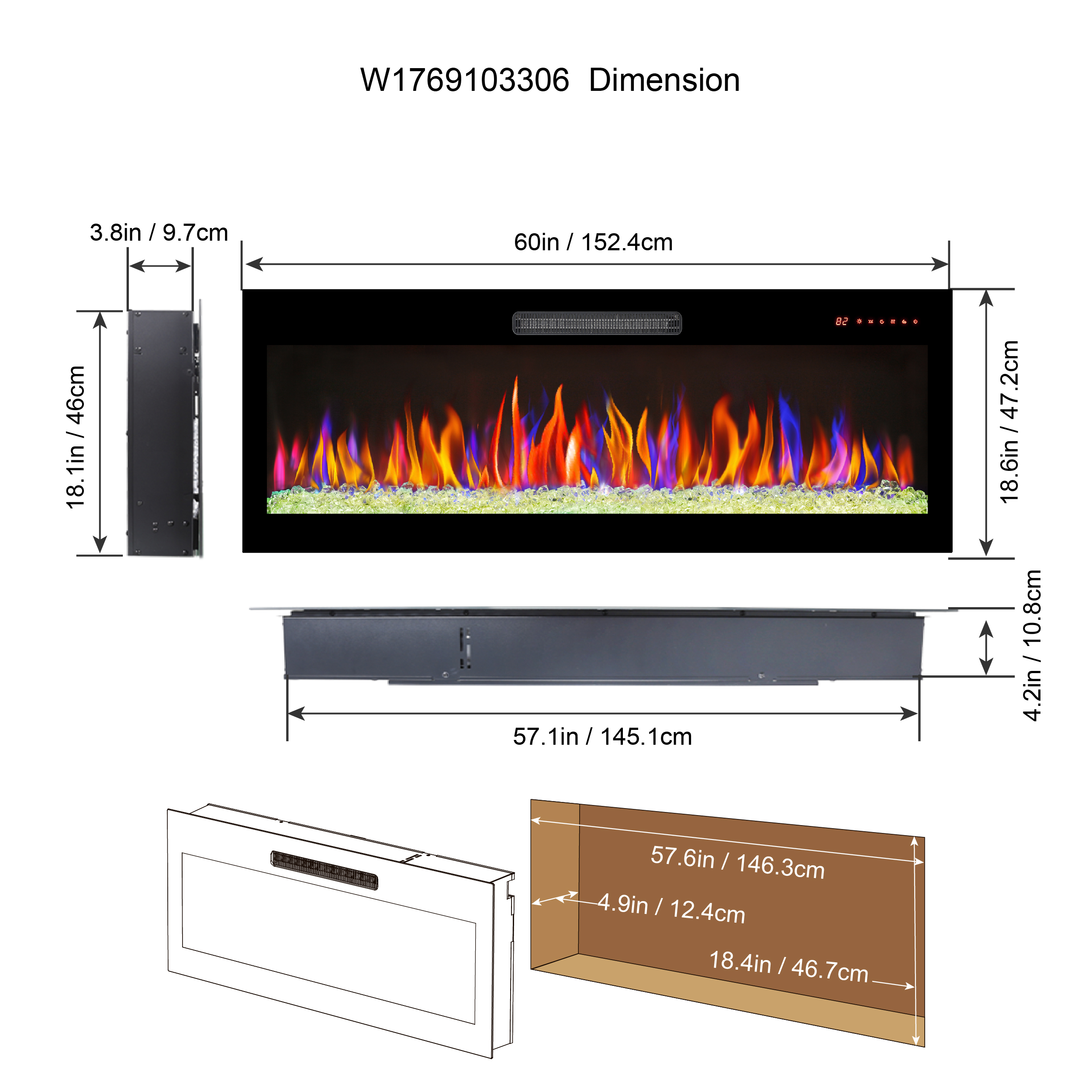 60 inch recessed ultra thin tempered glass front wall mounted electric fireplace with remote and multi color flame & emberbed, LED light heater