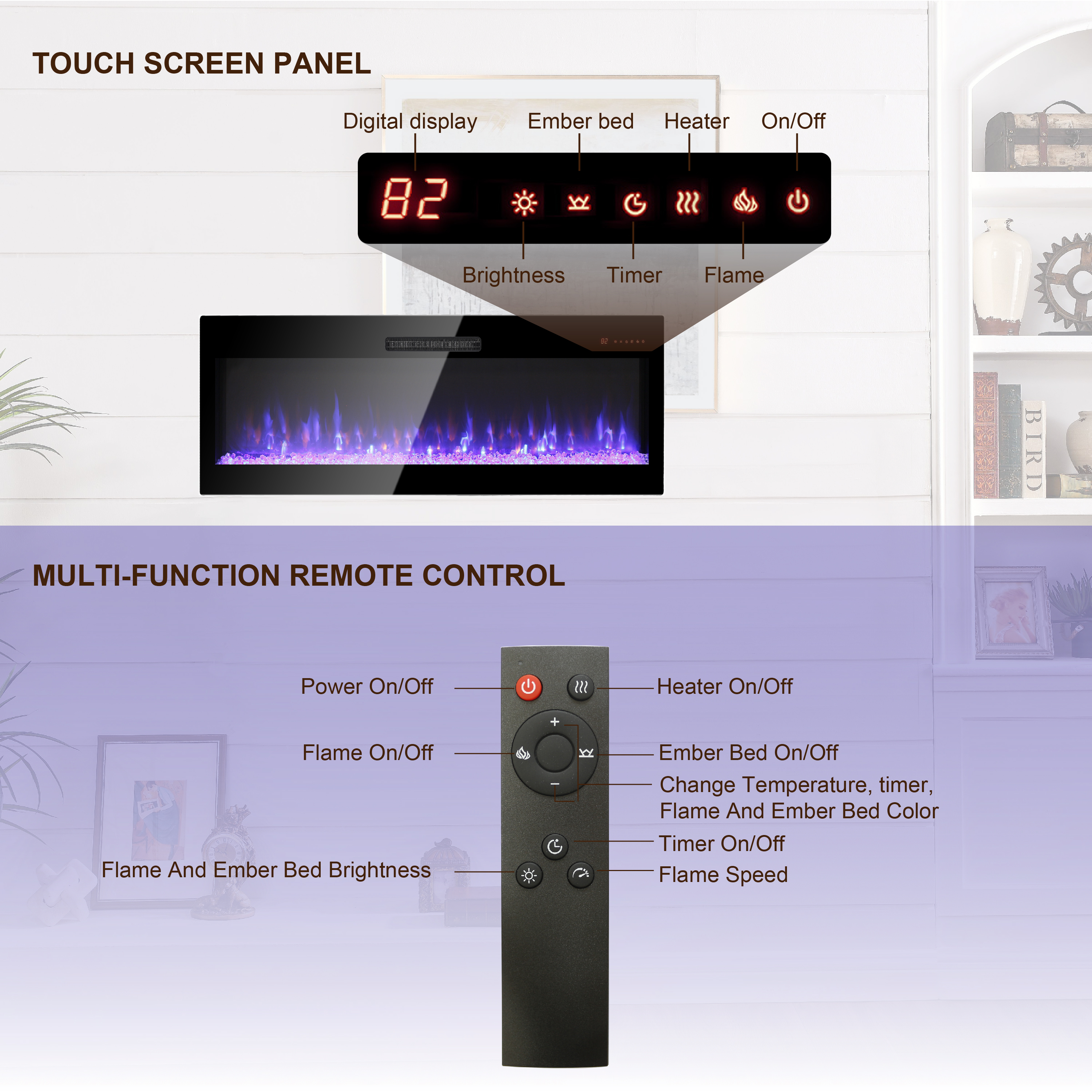 50 Inch Electric Fireplace, Recessed and Wall Mounted Fireplace