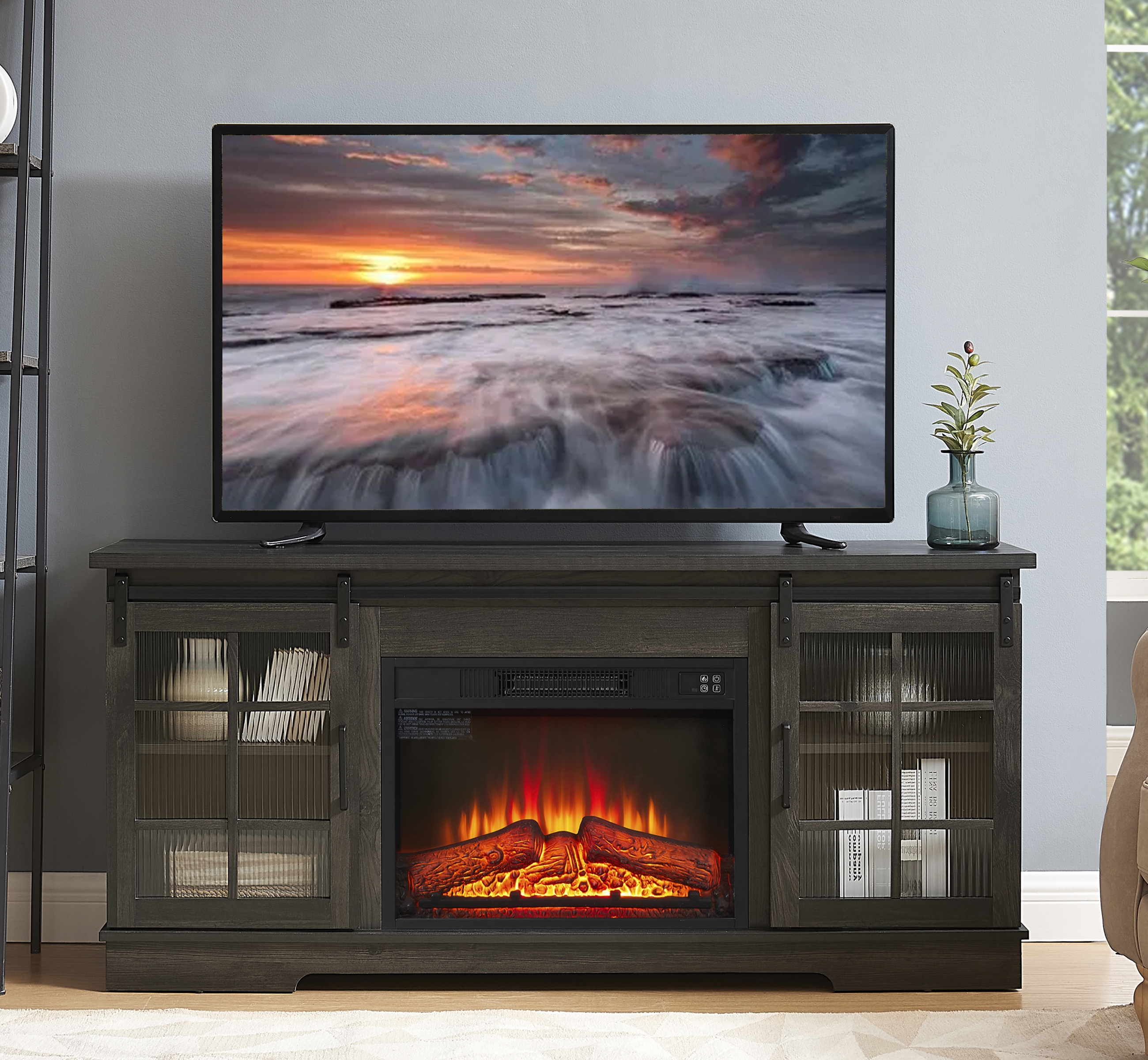 Multipurpose Sliding Door TV Stand Large Storage Cabinet with 2 Sliding Fluted Glass Doors, TV Up to 65'', TV Desk Storage Rack with 23" Fireplace TV Stand, Charcoal GREY, 59.13"W*15.94"D*27.8"H