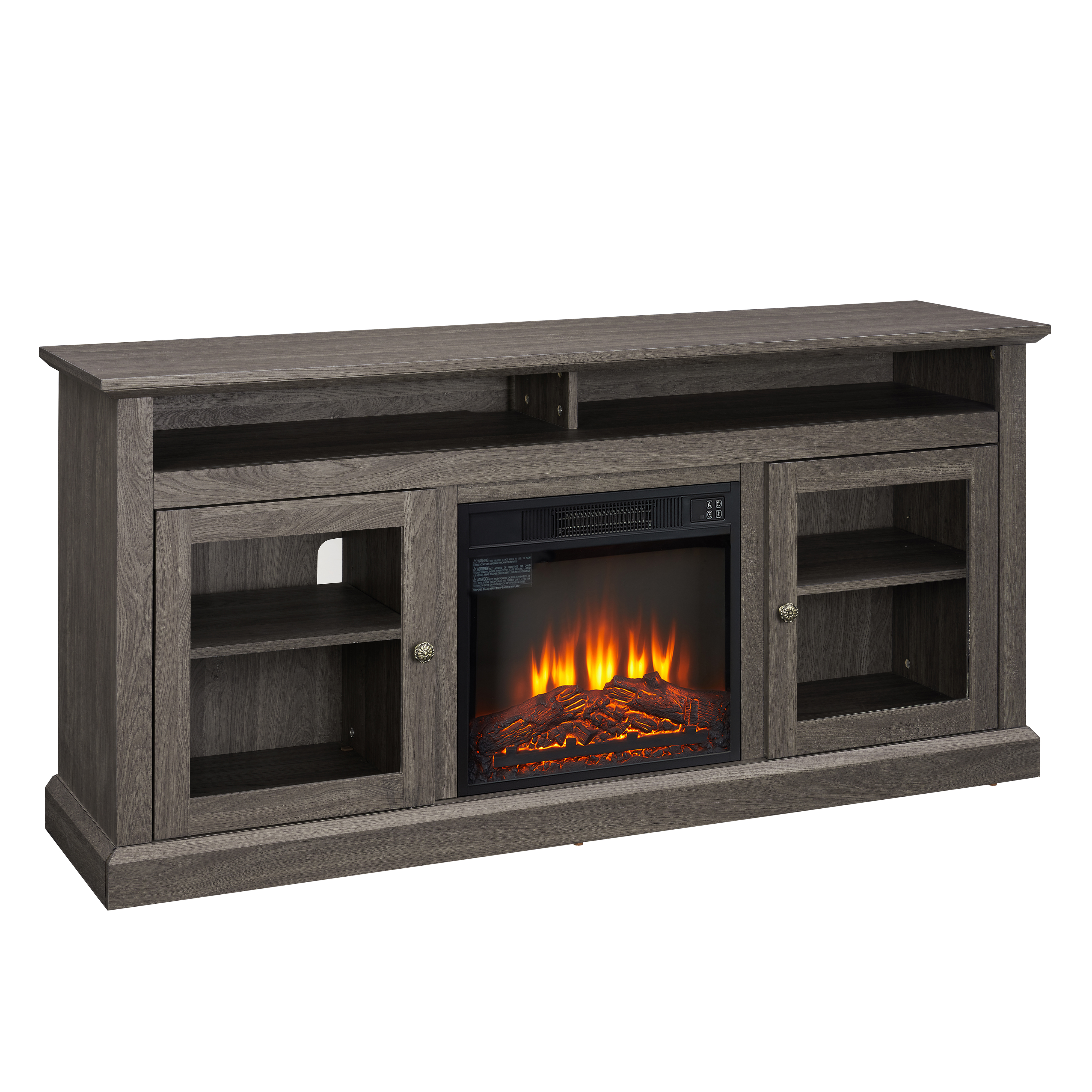 Contemporary TV Media Stand Modern Entertainment Console with 18" Fireplace Insert for TV Up to 65" with Open and Closed Storage Space, Dark Walnut/Black, 60"W*15.75"D*29"H