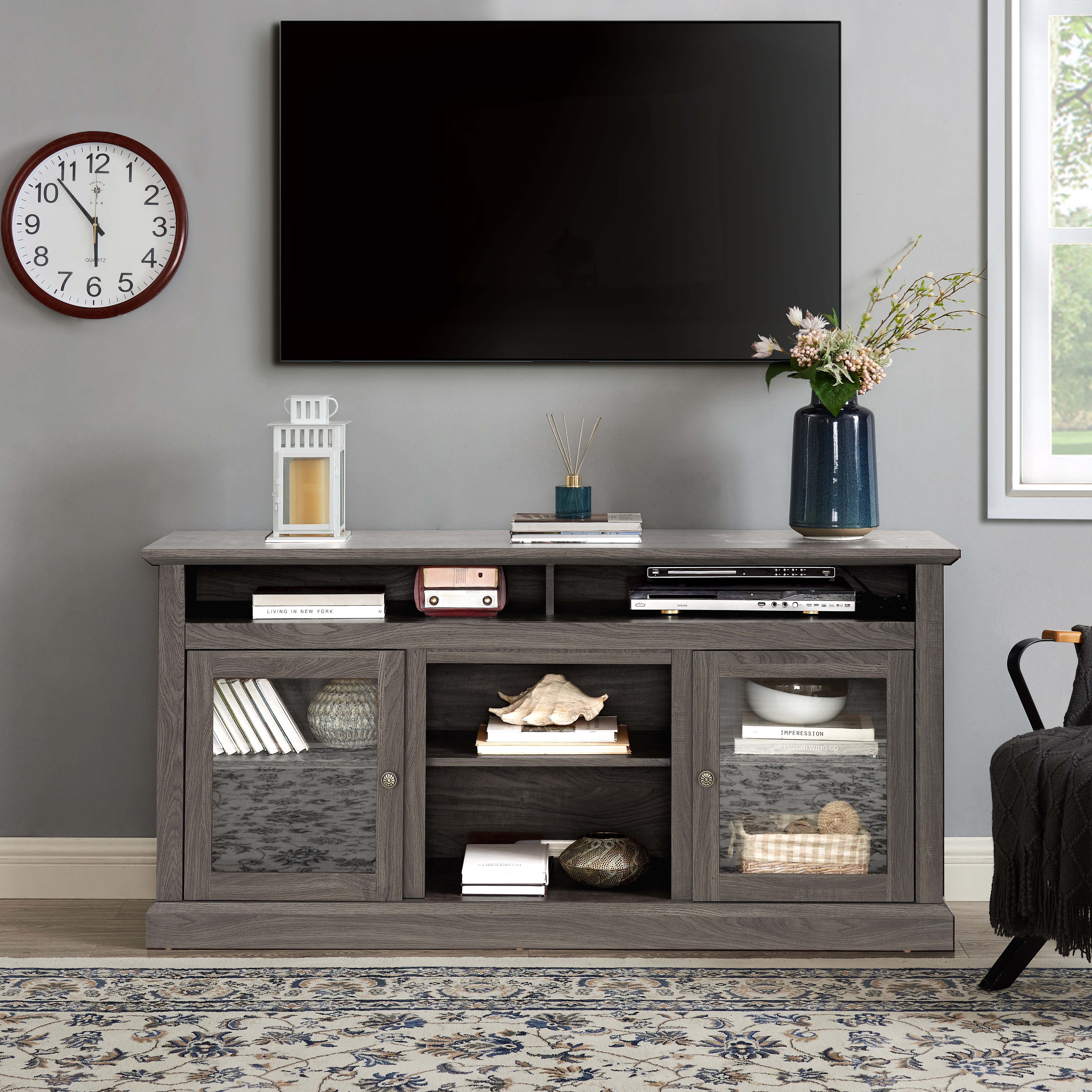 Contemporary TV Media Stand Modern Entertainment Console for TV Up to 65" with Open and Closed Storage Space, Dark Walnut/Black, 60"W*15.75"D*29"H