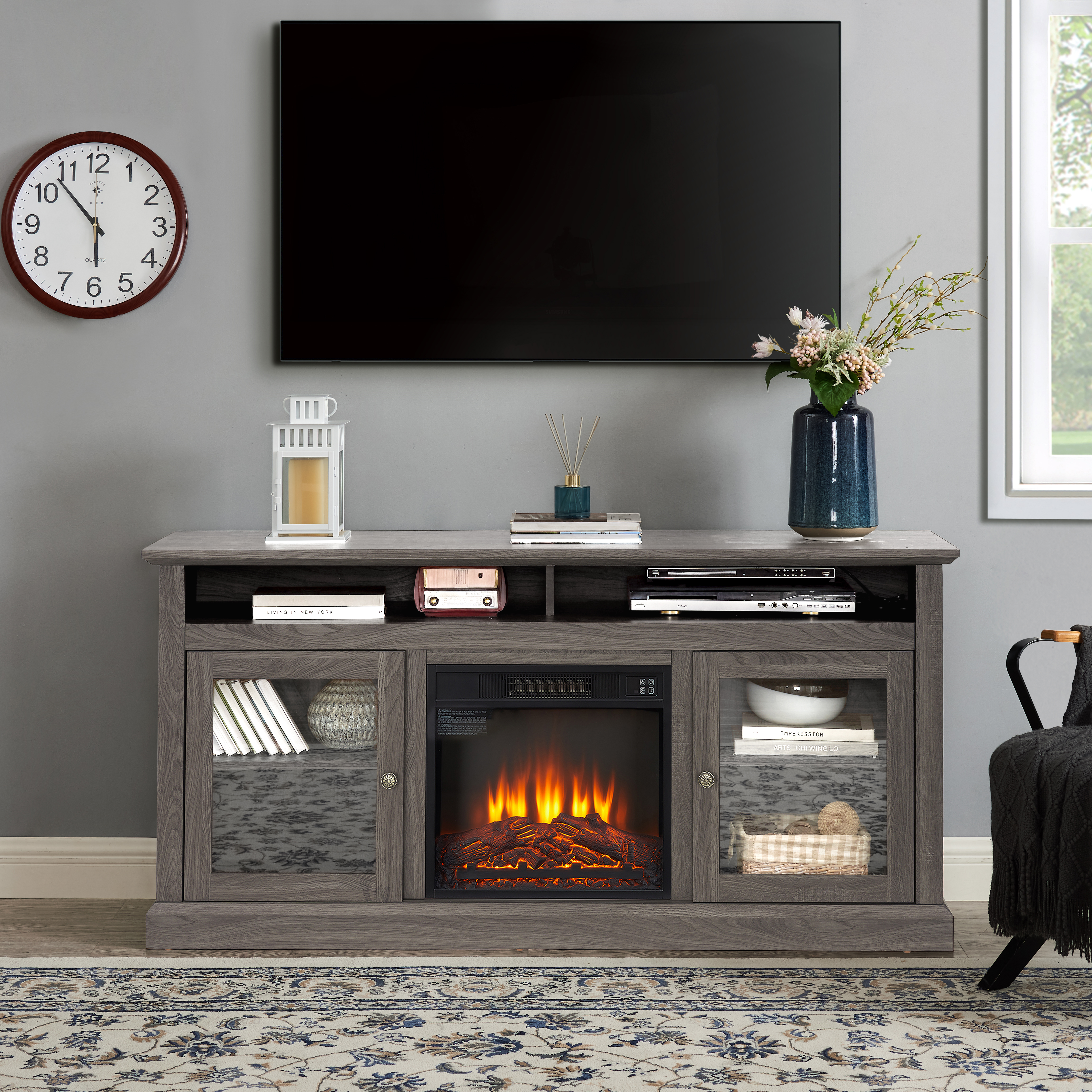 Contemporary TV Media Stand Modern Entertainment Console with 18" Fireplace Insert for TV Up to 65" with Open and Closed Storage Space, Dark Walnut/Black, 60"W*15.75"D*29"H