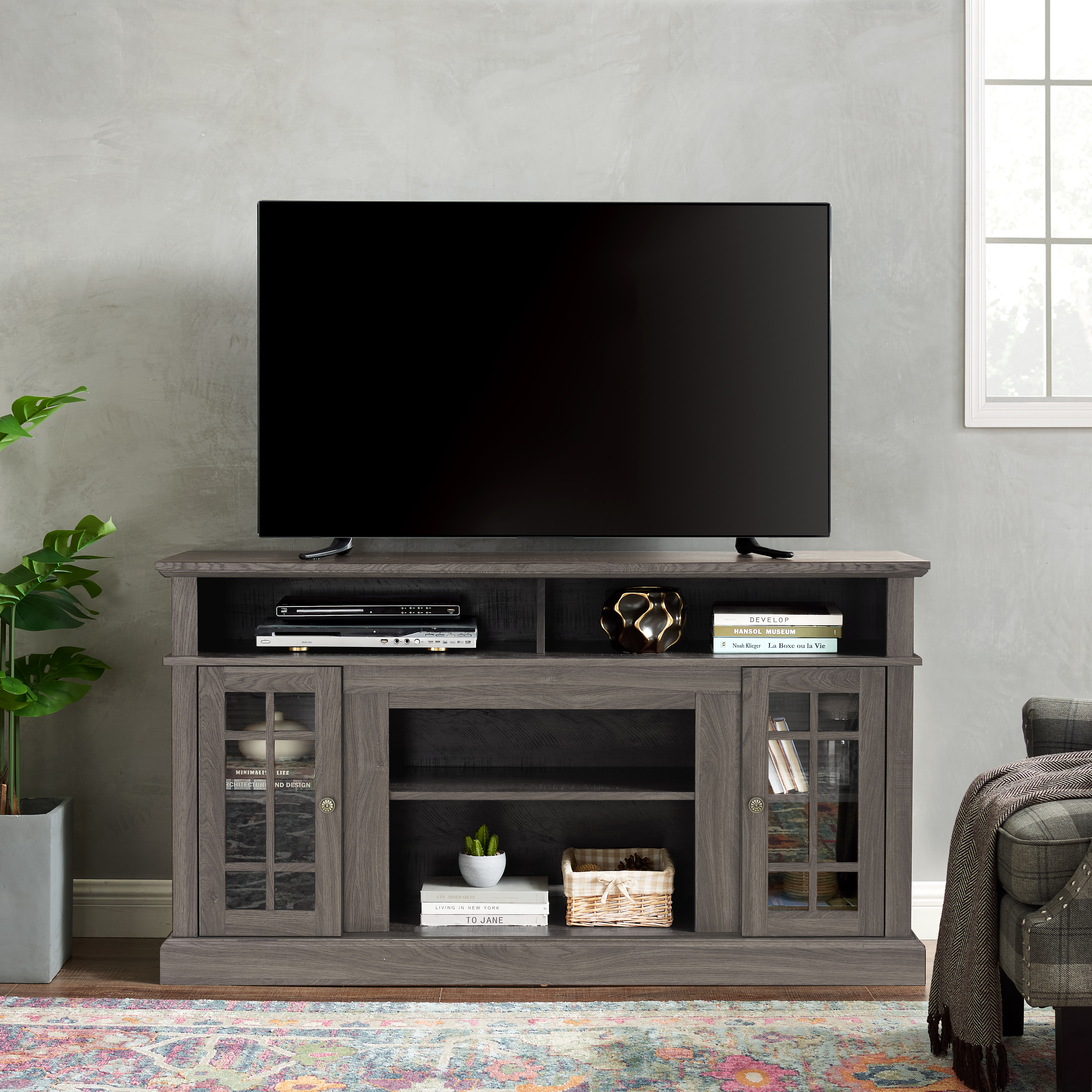 Classic TV Media Stand Modern Entertainment Console for TV Up to 65" with Open and Closed Storage Space, Dark Walnut/Black, 58.25"W*15.75"D*32"H